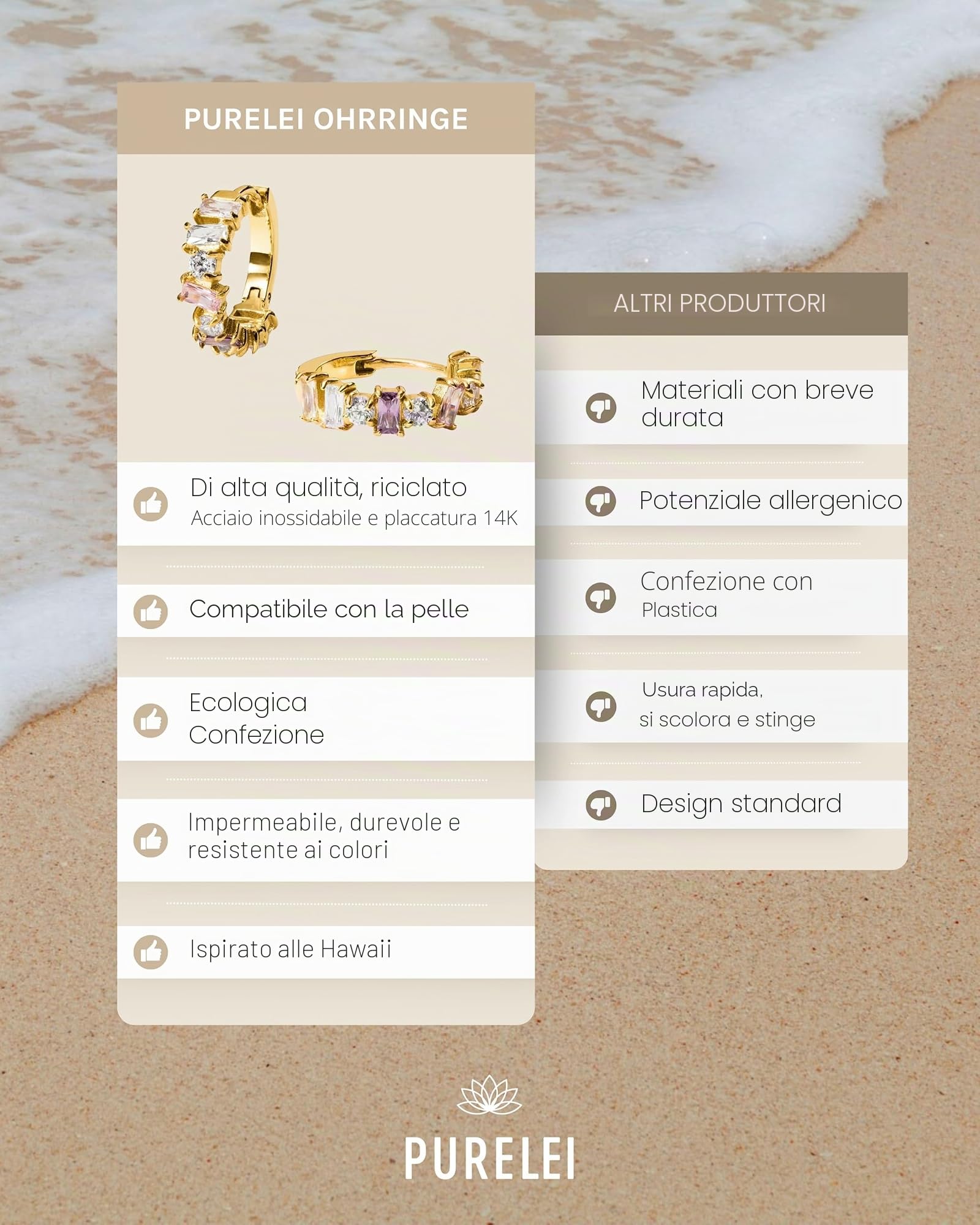 Purelei Fancy - Orecchini a cerchio da donna, placcati in oro 18 carati o argento con zirconi pastello (bianco, giallo, rosa, viola), impermeabili, ipoallergenici, Ø 17 mm