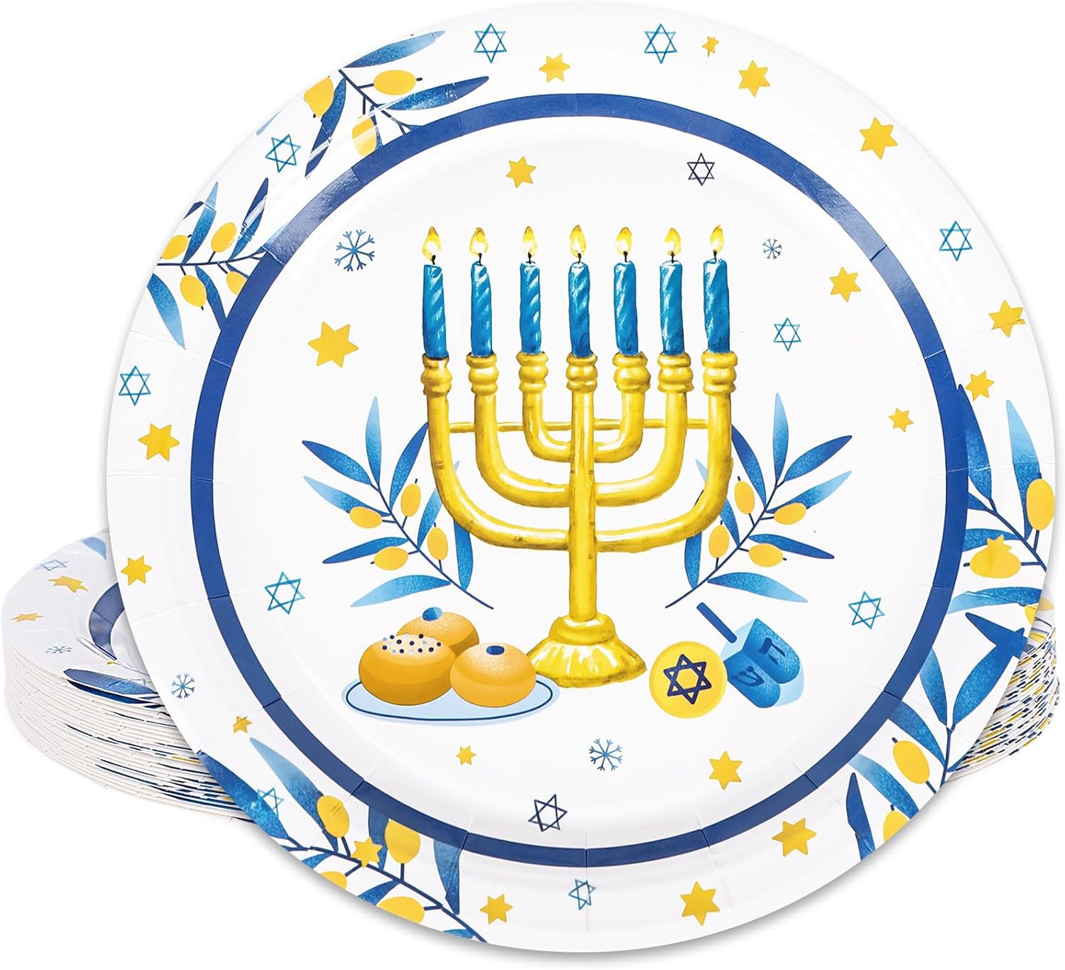 Hanukkah Party Supplies Set - 24 Blue & White Plates And Napkins With Menorah Design