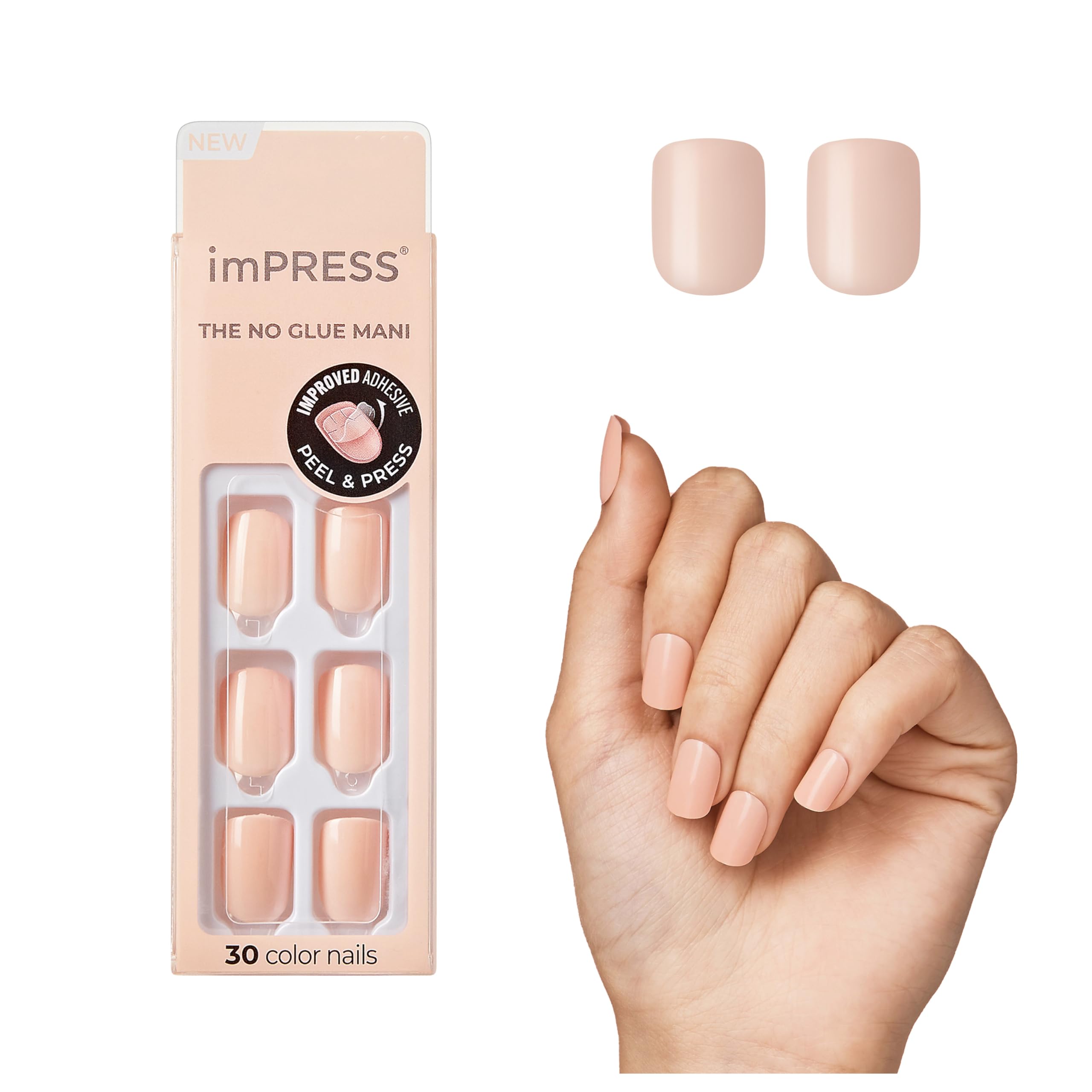 imPRESS Kiss Color Press-On Manicure, Gel Nail Kit, Purefit Technology, Pre-Glued, “Peevish Pink”, Polish-Free Solid Colour Mani, Includes Prep Pad, Mini File, Cuticle Stick, And 30 Fake Nails