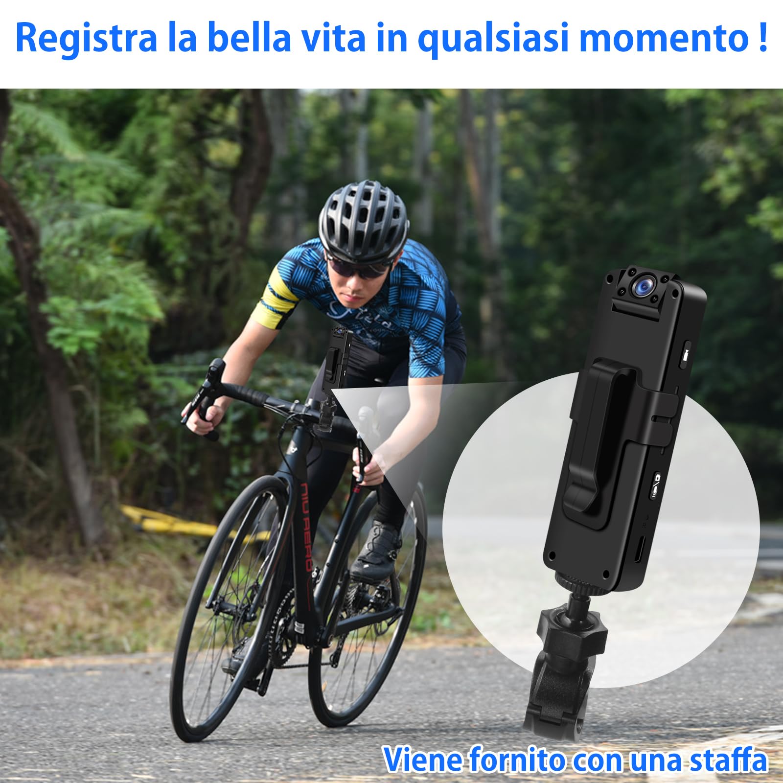 TANGMI Videocamera Body, Obiettivo Rotante a 180° con Video e Audio Body Cam, HD 1080P Grandangolo a 120°, Visione Notturna Rilevamento del Movimento Bodycam con Attacco a Dado da 1/4” per Biciclette