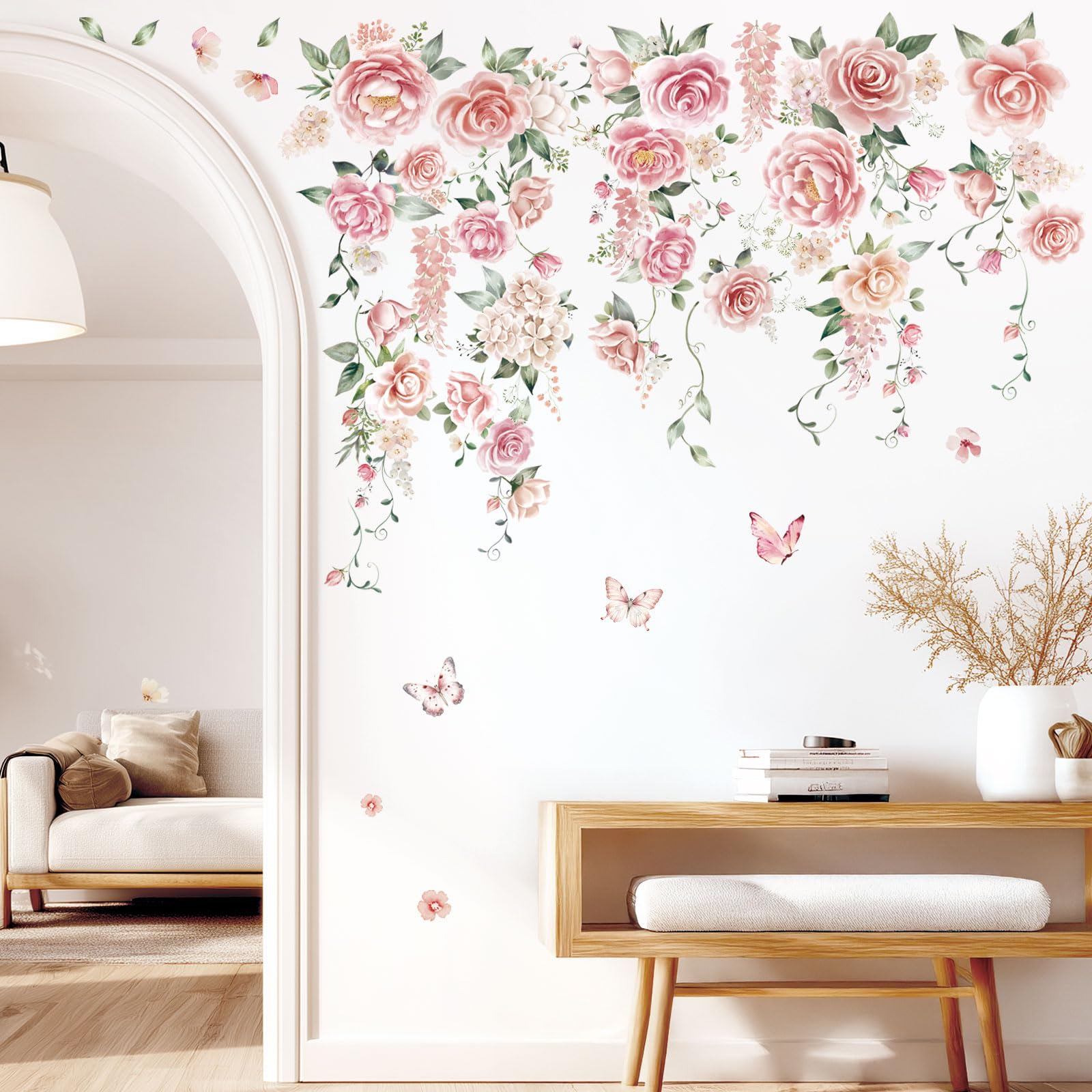 DECOWALL Large Pink Rose Flower Wall Stickers Peony Hanging Floral Vine Wall Decals Baby Nursery Girls Bedroom Living Room Wall Decor (SG3-2428) - Image 2