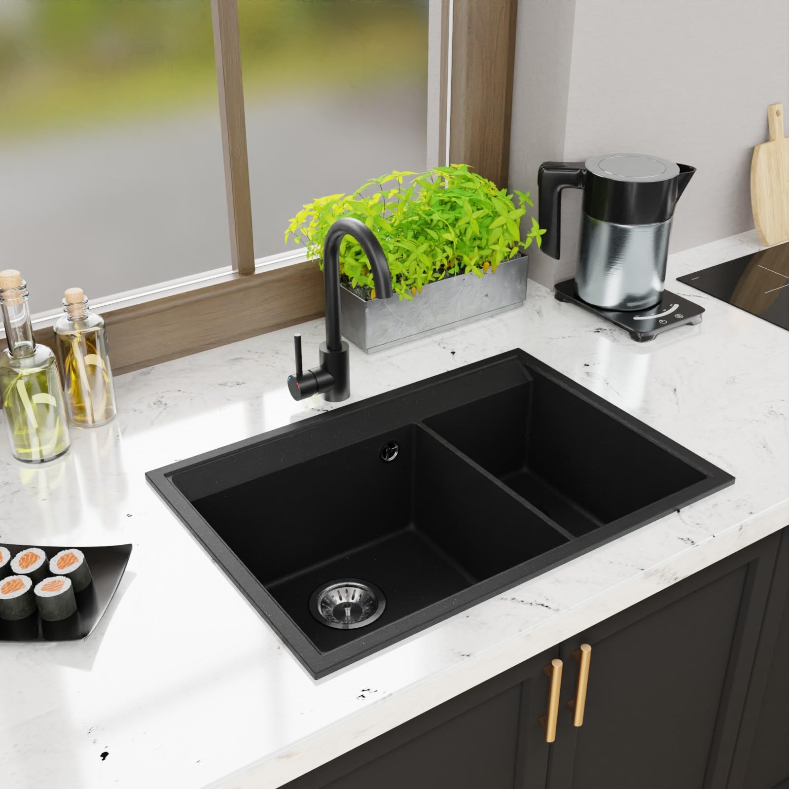 Évier de cuisine double en granit encastrable - 2 à 1,5 cm - Cadre 2,5 cm - Gris