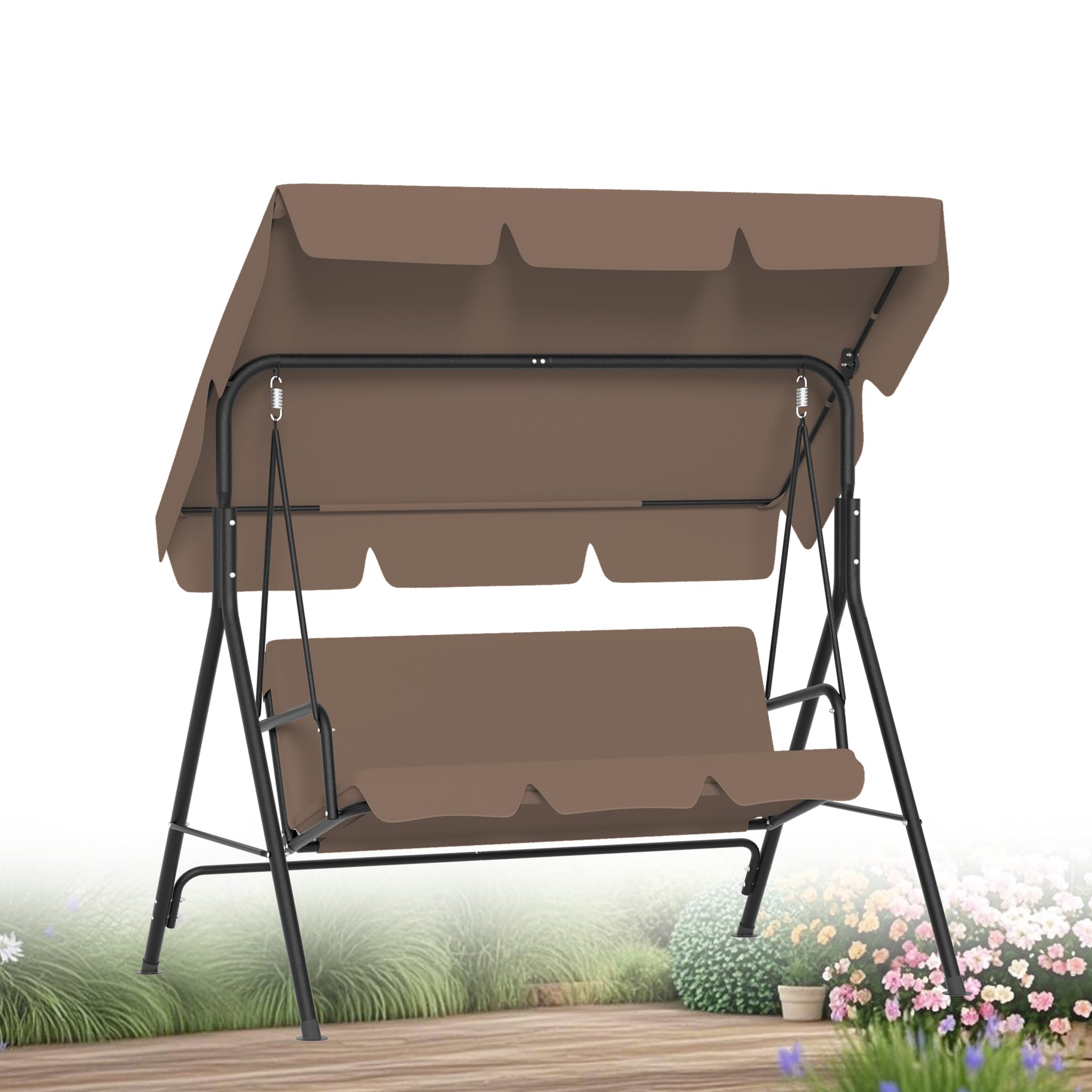 XMTECH Balancelle de jardin 3 places avec toit pare-soleil réglable et coussin, avec cadre en acier robuste, charge maximale de 200 kg, banc à bascule pour jardin, terrasse et balcon, 193 cm, marron