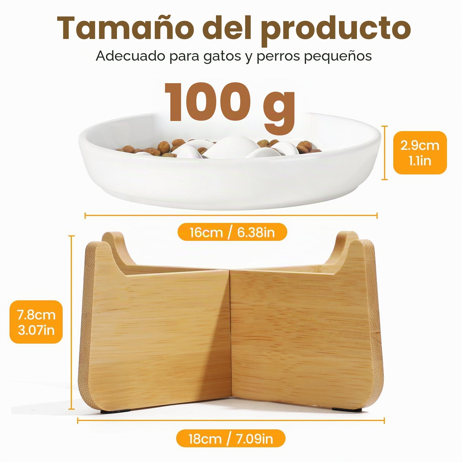 PETTOM Comedero Lento de Cerámica para Gatos con Soporte de Bambú Elevado – Cuenco para Gato y Perros pequeños con Sistema Antivoracidad, Plato de Gatos para Ralentizar Comida (Bol Blanco con pie)