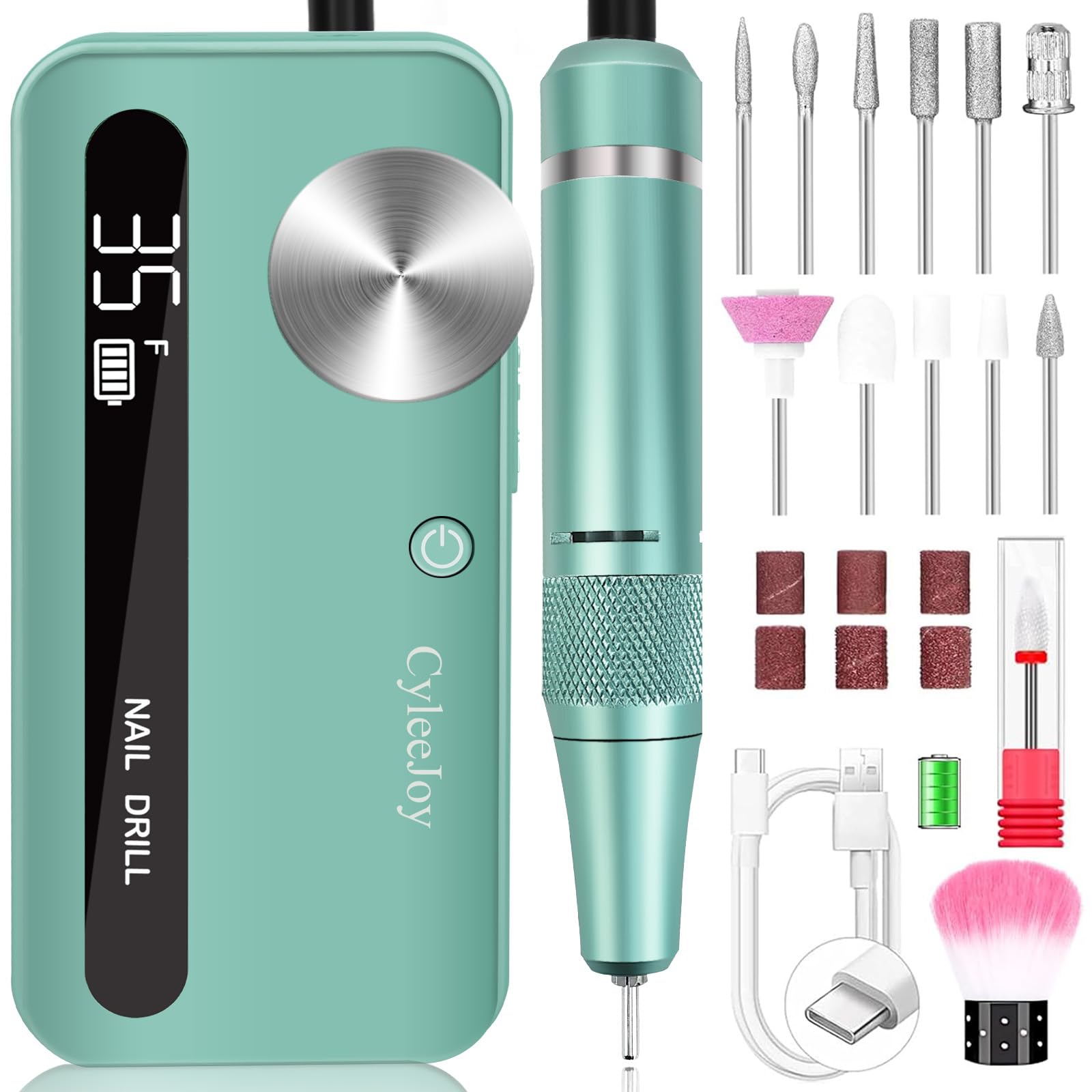 Ponceuse pour Ongles Professionnel 35000 RPM, 12 en 1 Lime a Ongle Electrique Portable, Ponceuse Ongle Sans Fil Rechargeable pour Acrylique/Gel, Machine à Ongles de Qualité Salon (Vert)