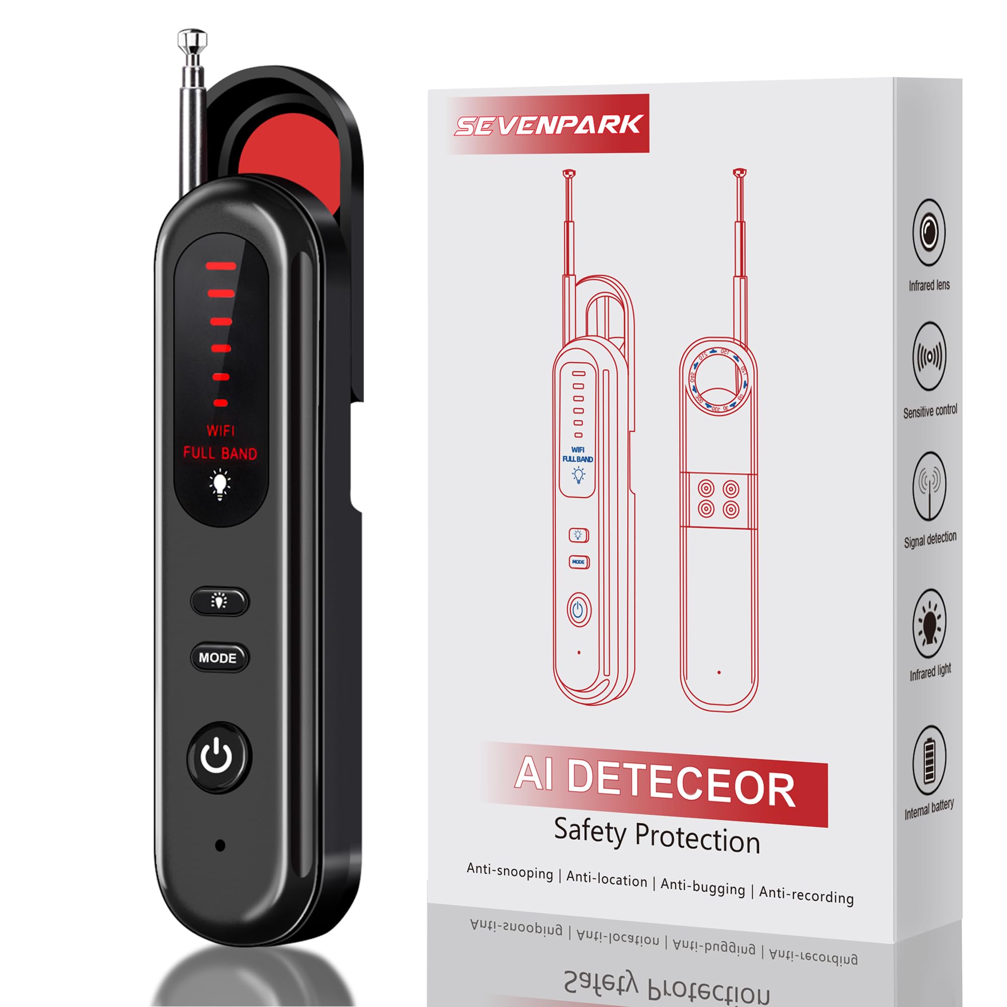 Detector de cámara oculta - Buscador de cámara portátil 2025, detector de rastreador GPS, escáner de señal inalámbrico RF para oficina, hoteles, automóviles, sensibilidad de 5 niveles (negro