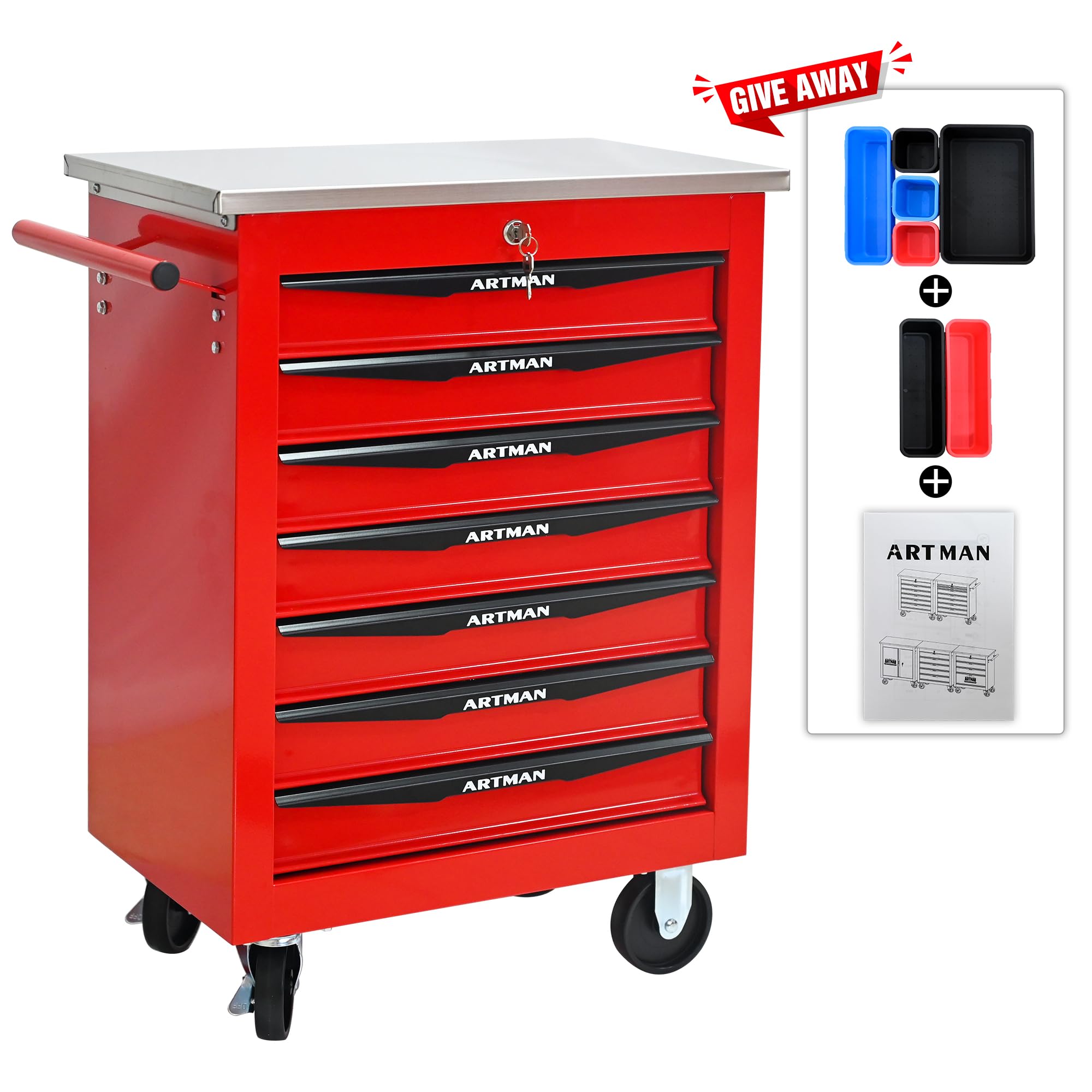 Generisch Carrello portautensili a 7 cassetti in metallo con scivolo a sfera, 4 ruote e serratura a chiave, ideale per garage e officina (56,6 x 34,5 x 78,0 cm, rosso e nero)