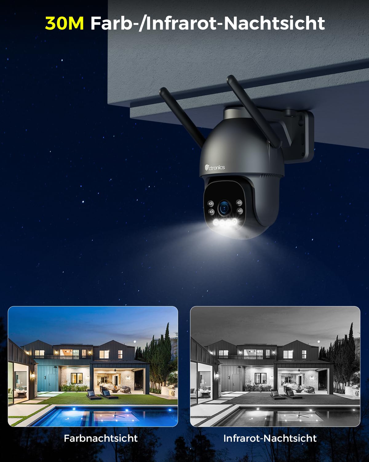 Ctronics 4K WLAN Überwachungskamera für den Außenbereich, PTZ-Kamera mit 8MP Farbnachtsicht, 2,4/5GHz WLAN, Personen/Fahrzeug/Tiererkennung, unterstützt NVR & 24/7-Aufzeichnung, Zwei-Wege-Audio, IP66