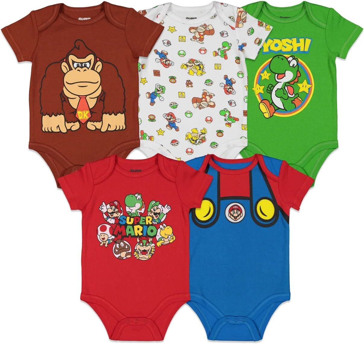 SUPER MARIO Nintendo Donkey Kong Yoshi Mario Lugi Bowser Toad 5 Pack Short Sleeve Bodysuits Newborn to Infant