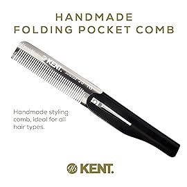 Kent 20T Black Graphite Handmade Folding Pocket Comb for Men, Fine Tooth Hair Comb Straightener for Everyday Grooming Styling Hair, Beard or Mustache, Use Dry or with Balms, Saw Cut, Made in England