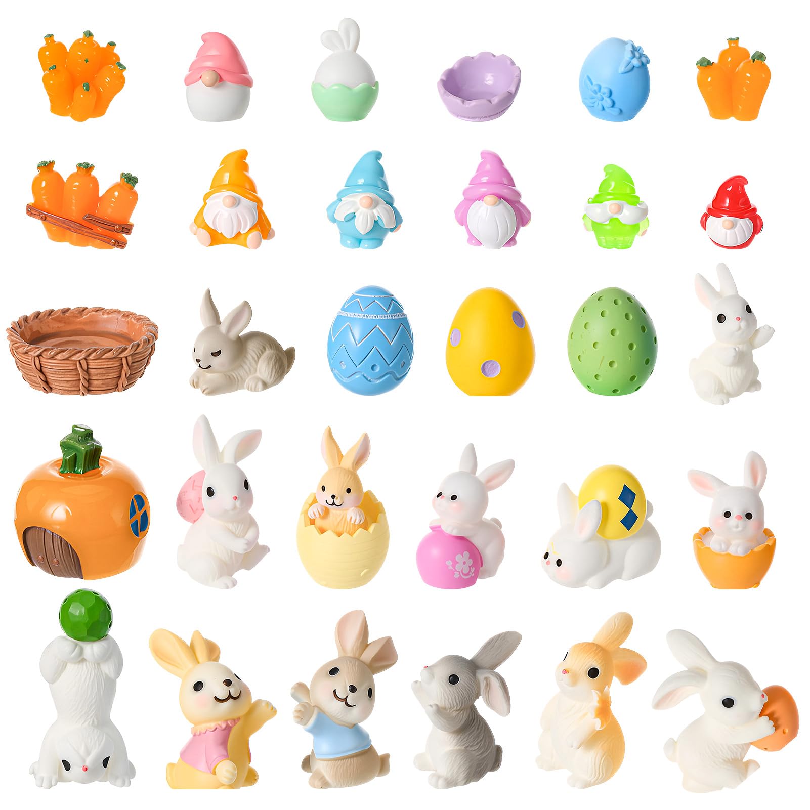30 Pcs Easter Mini Rabbit Figurines, Bunny Gnomes Resin Animals, Miniatures Easter Bunny Figures to Hide, Egg Carrots Figurines for Fairy Garden Spring Ornament Egg Stuffers Gift (30 Styles)