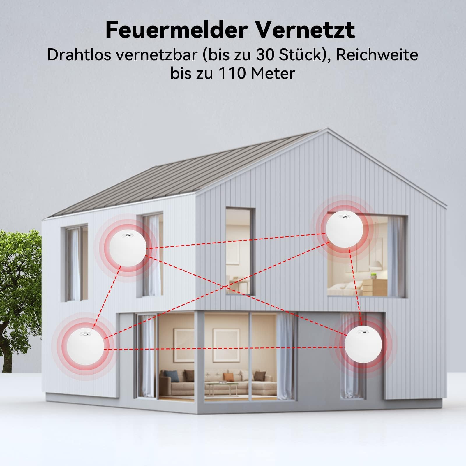 CPVAN Rauchmelder Vernetzt 10 Jahre Batterie mit Klebepad | Ohne Bohren, EN14604 Geprüft Funk Feuermelder, Entspricht der Europäischen Norm Feuermelder, 5er Set