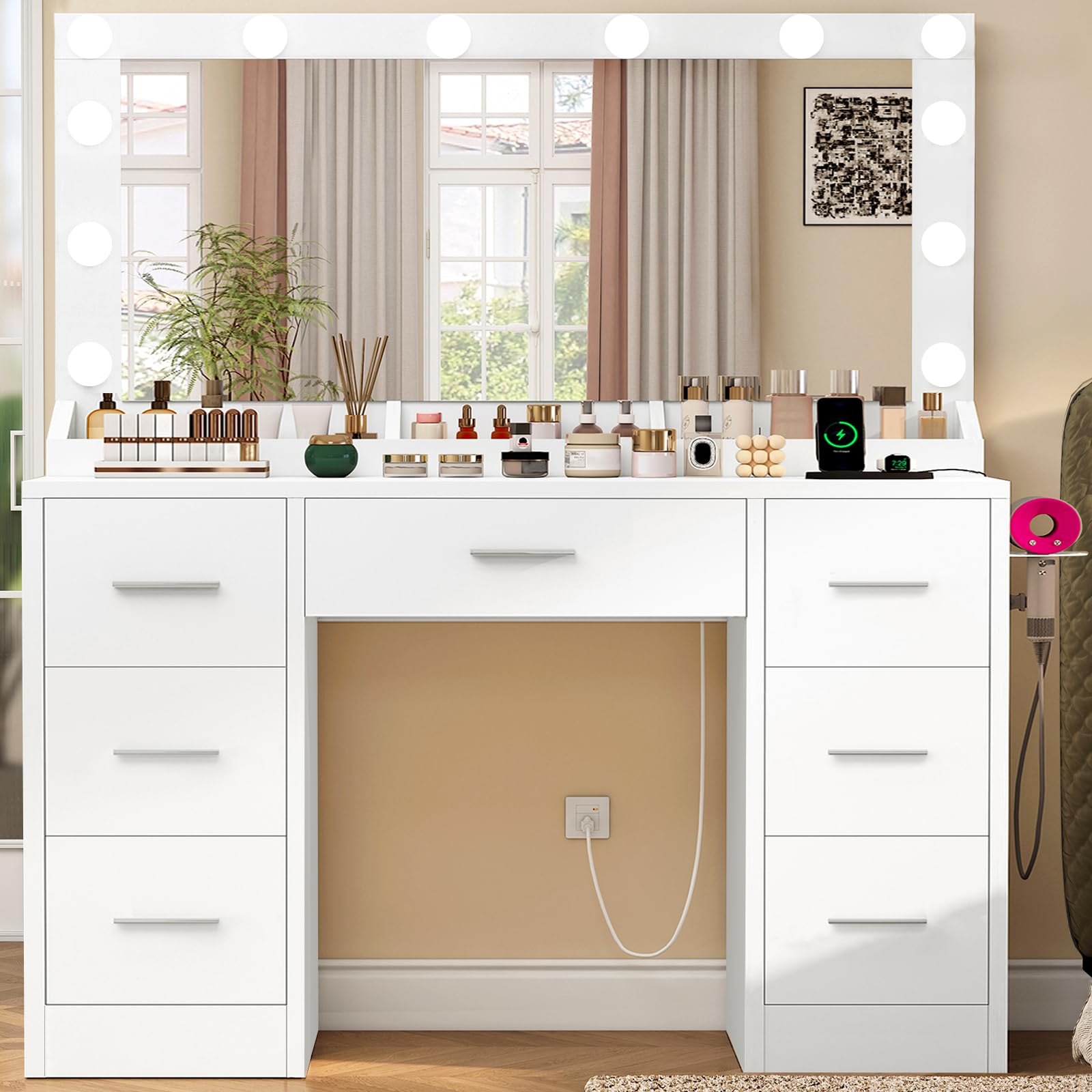 Coiffeuse Avec Miroir LED Et Tabouret - 2 Tiroirs, 4 Compartiments - Dimensions 40x108x141 Cm - Blanc - 11