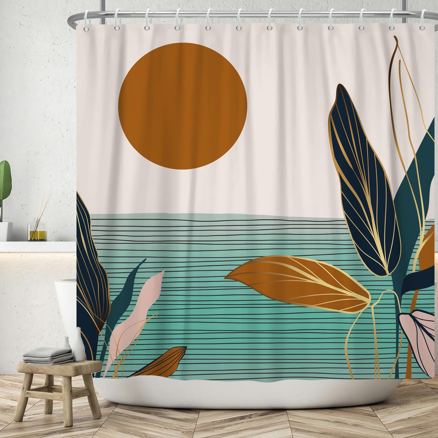 ASDCXZ Boho Shower Curtain 90x180 cm, Modern Abstract Art Brown Sun Blue Gold Leaves Grey Washable Bath Shower Curtains Polyester Textile Waterproof Shower Curtain for Bathtub with 6 Hooks