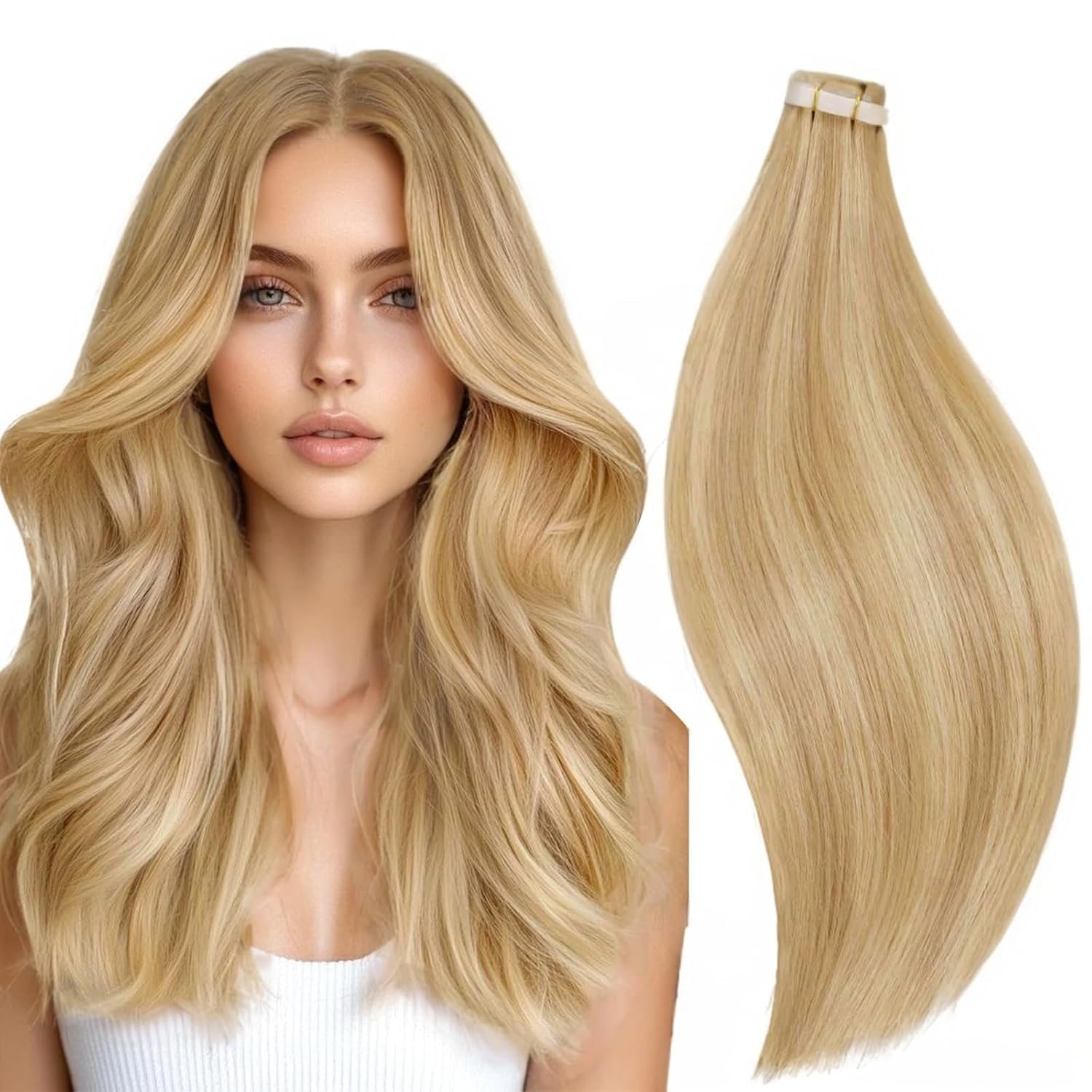 RUNATURE Blonde Tape Hair Extensions Real Human Hair Tape in Hair Extensions Human Hair Invisible Tapes Remy Straight White Blonde Hair 20pcs 50g 18 Inch #800 — view 26