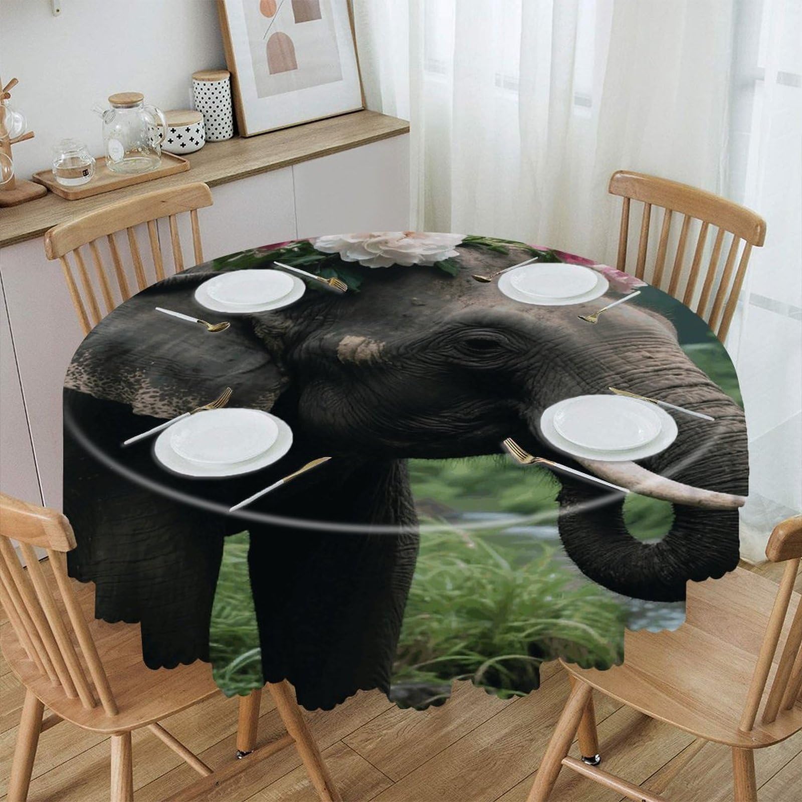 VstaDank Flower Elephant Round Tablecloth Wipeable Round Polyester Tablecloth Waterproof Wrinkle Free Indoor and Outdoor Table Cover 60 Inch Decorative Farmhouse Table Cloth for Dining