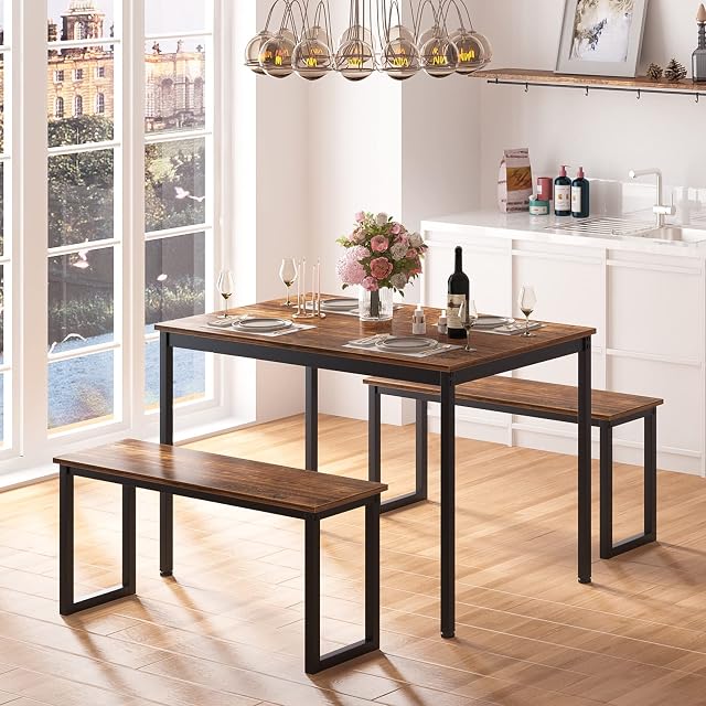 SogesHome Table à manger et chaises Ensemble de table à manger avec bancs Bar Set pour 4 Ensemble de dîner pour salle à manger Bistro Set, Brown, NSDCA-CZJYB-yzld01