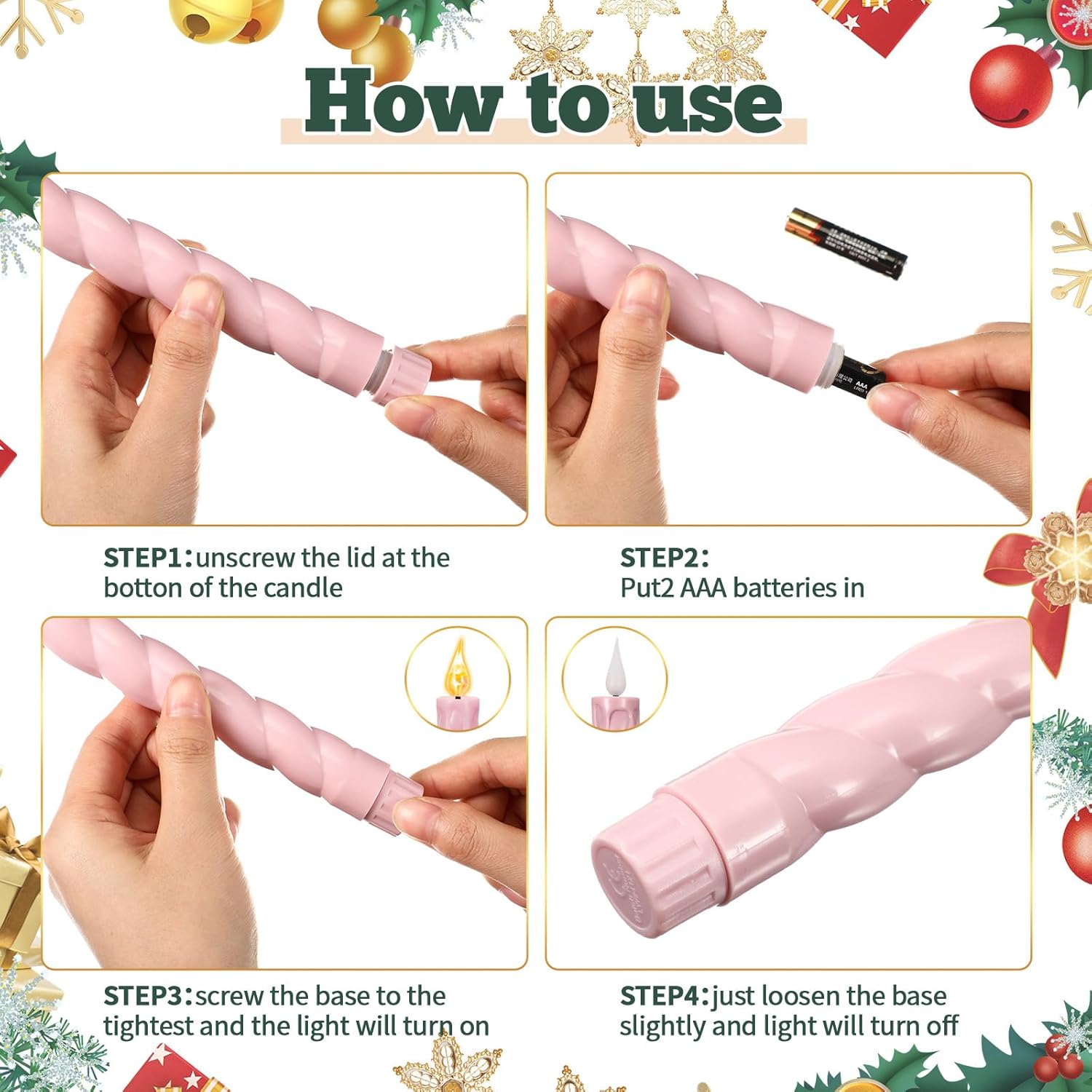 BBTO Christmas Flameless Advent Candles Set of 4, LED Taper Candle Sticks Battery Operated Candlesticks for Christmas Fireplace Wreath Decor, Purple Pink Spiral Teardrop Style