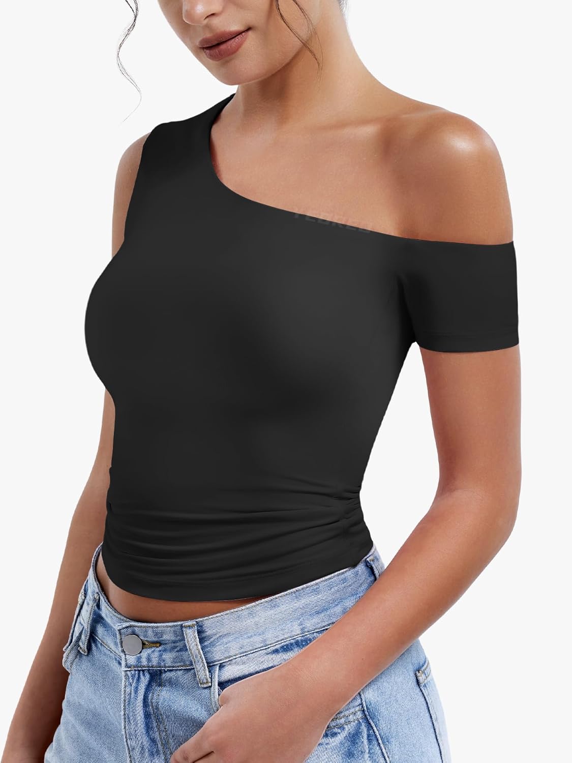 YEOREO Women One Off Shoulder Y2K Tops Double Lined Slim Fit T Shirts Going Out Basic Tees - Image 2