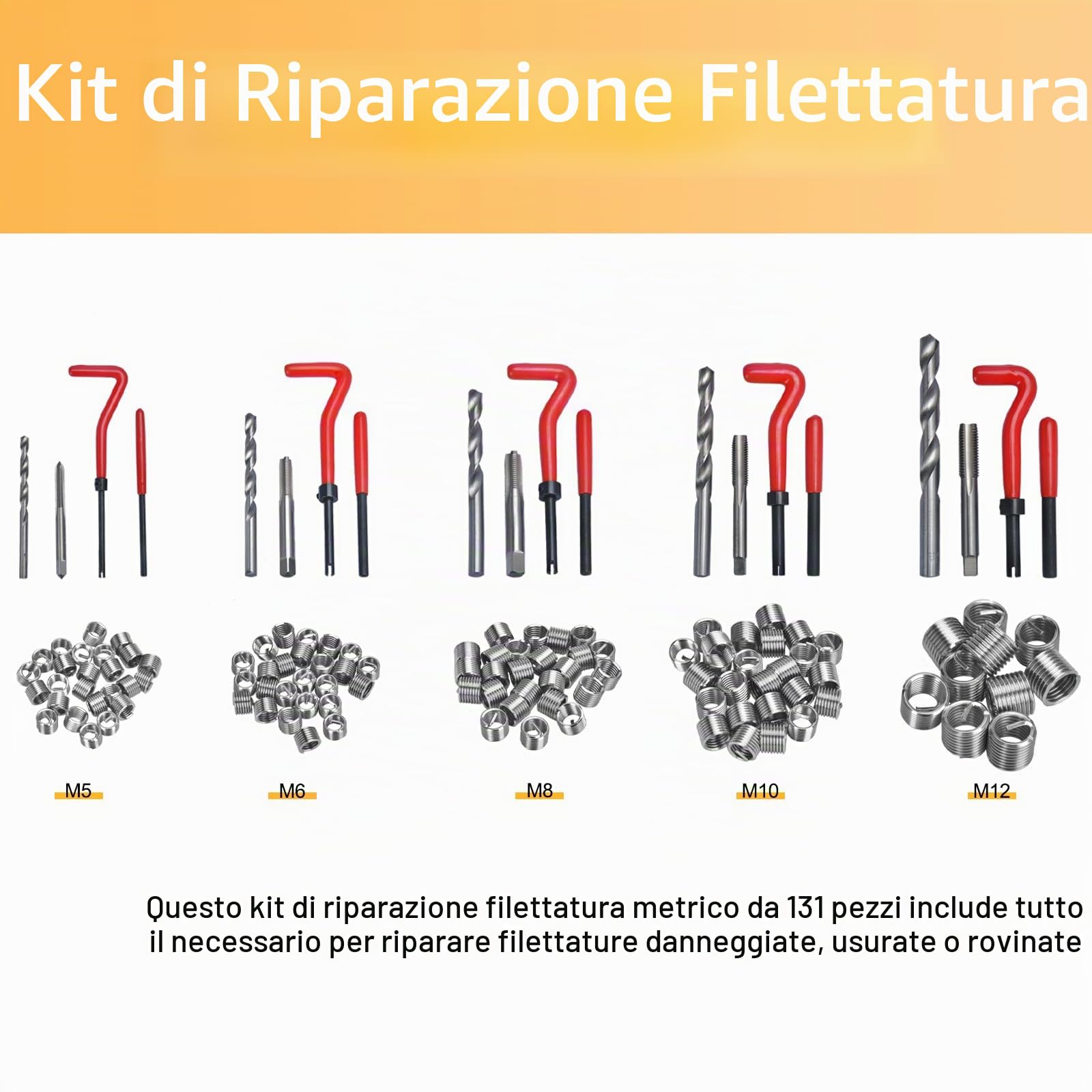 131 Pezzi Kit di Riparazione Filettatura Strumento Kit di Riparazione Filettatura per Motore Auto Filetti Riparazione Filettatura Manicotto Set Metrico M5 M6 M8 M10 M12