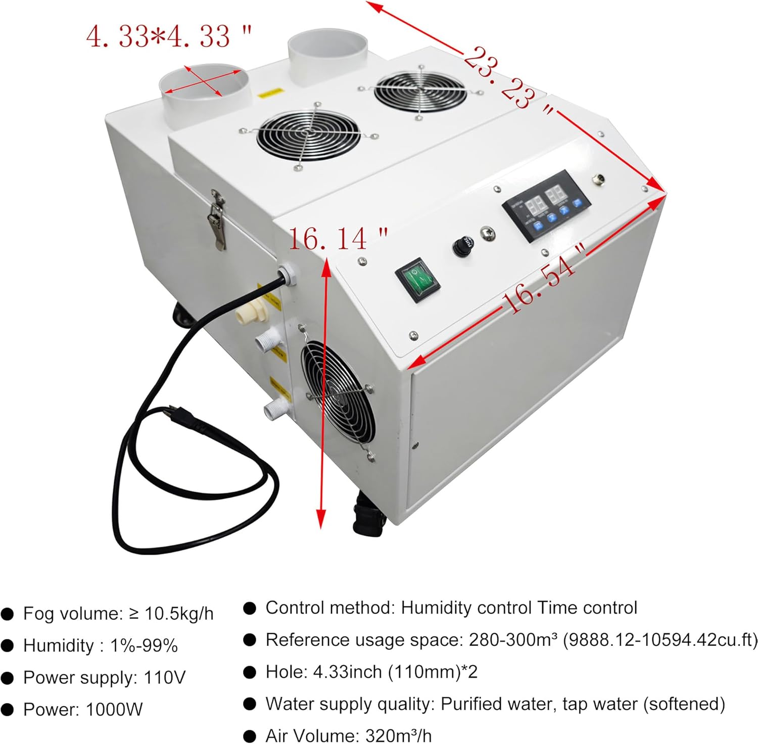 Dimensional diagram of the HQHAOTWU Commercial Ultrasonic Humidifier with measurements in inches.