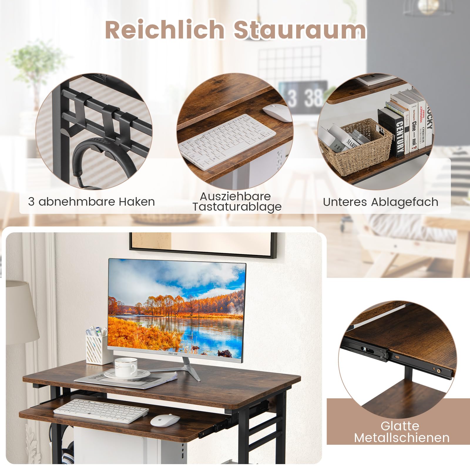 COSTWAY Schreibtisch mit Rollen, Tastaturablage, platzsparender Computertisch PC-Tisch mit Ablagefläche unten und Haken, industrieller Laptoptisch für das Heimbüro (Braun)