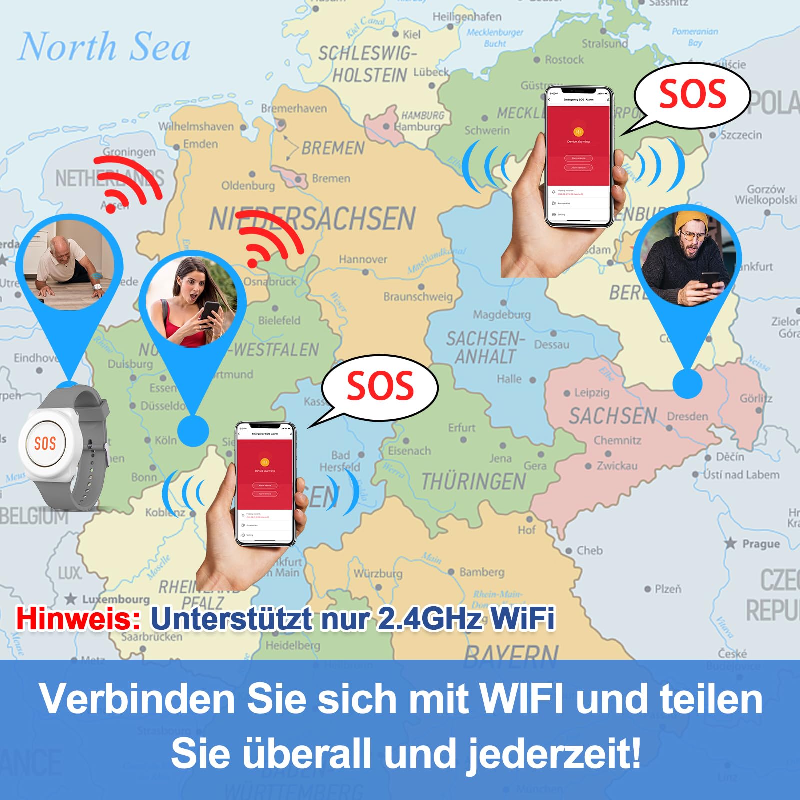 Daytech inteligentny alarm dla seniorów WiFi Tuya, przycisk ratujący życie, dla osób, które potrzebują pomocy w domu (2 odbiorniki + 2 przyciski + 1 bransoletka)