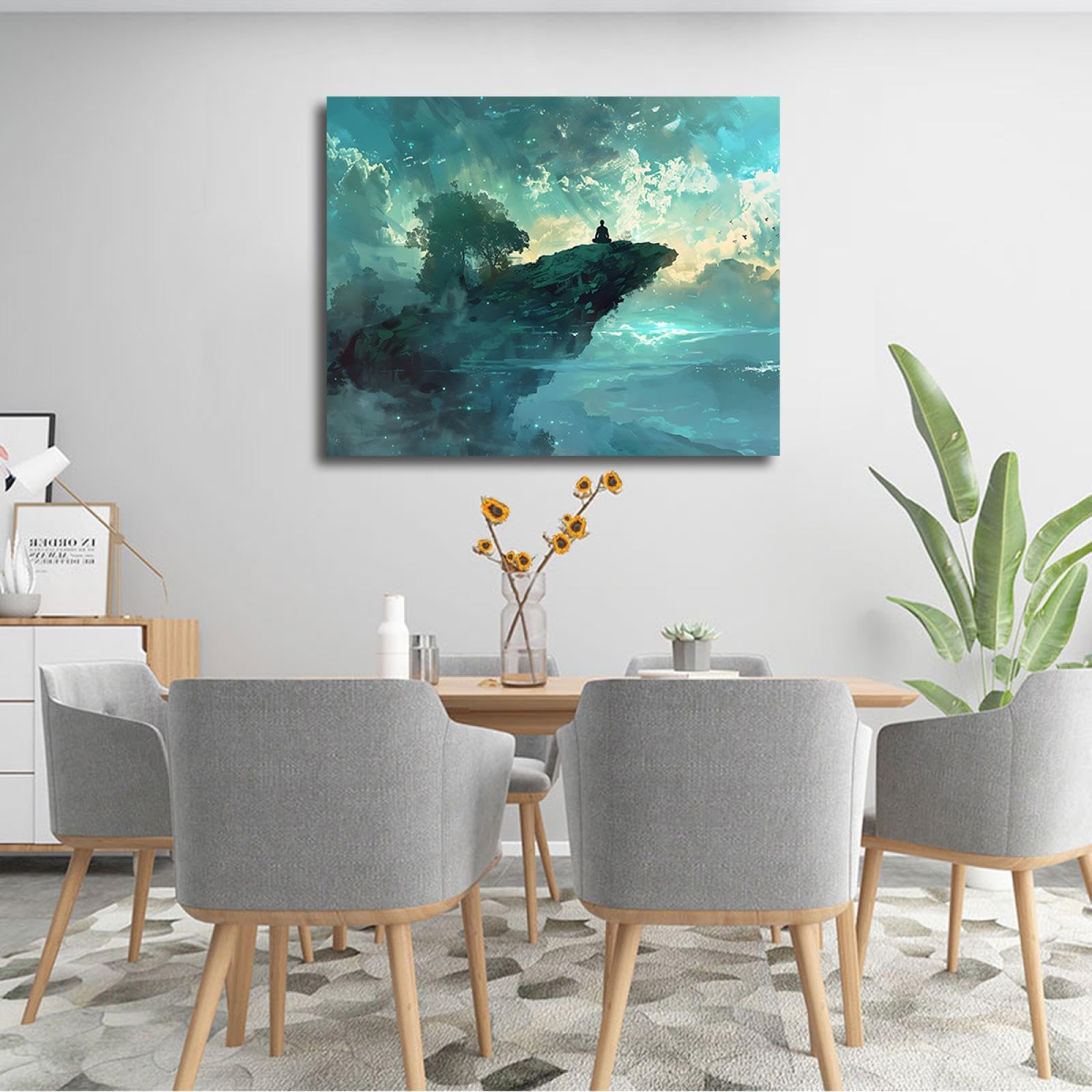 SHENGPOSTER Dreamlike and Mysterious Canvas Wall Art Yoga Meditation Position Canvas Prints Cliff Clouds Stretched Pictures Home Decor Blue 75x100cm Wewnętrzna ramka
