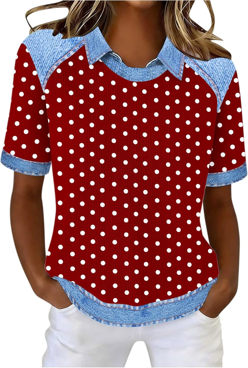 Women's Short Sleeve Shirts Patchwork Polka Dot Business Casual Lapel Collared Tops Summer Spring Loose Fit Blouses