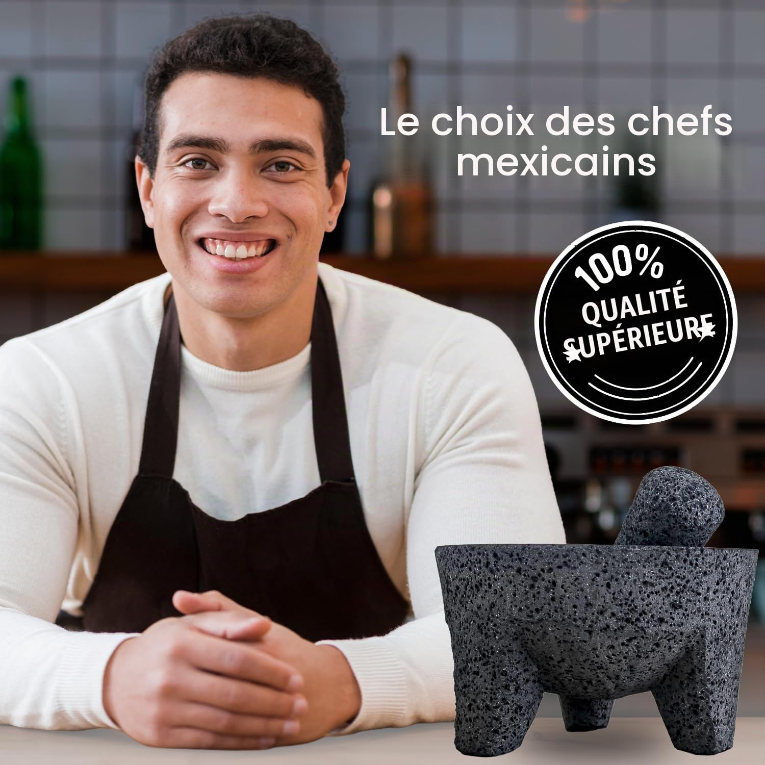 Bol mexicain Molcajete original fabriqué à la main en pierre de lave authentique au Mexique – Molcajete de Piedra volcanica – Pilon de mortier volcanique mexicain – Pierre de lave authentique