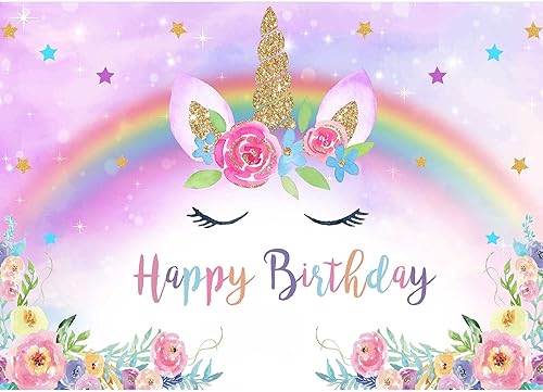 Telón de fondo de unicornio arcoíris de 7 x 5 pies, decoraciones de fiesta de feliz cumpleaños para niñas, acuarela, floral, estrellas con