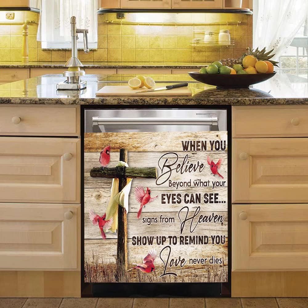 Cross Heaven Dishwasher Cover Cardinal Bird Dishwasher Magnet,When You Believe Beyond Quote Refrigerator Magnetic Art,Country Farm Fridge Door Decal,Kitchen Home Appliances Magnets Decor 23"x26"