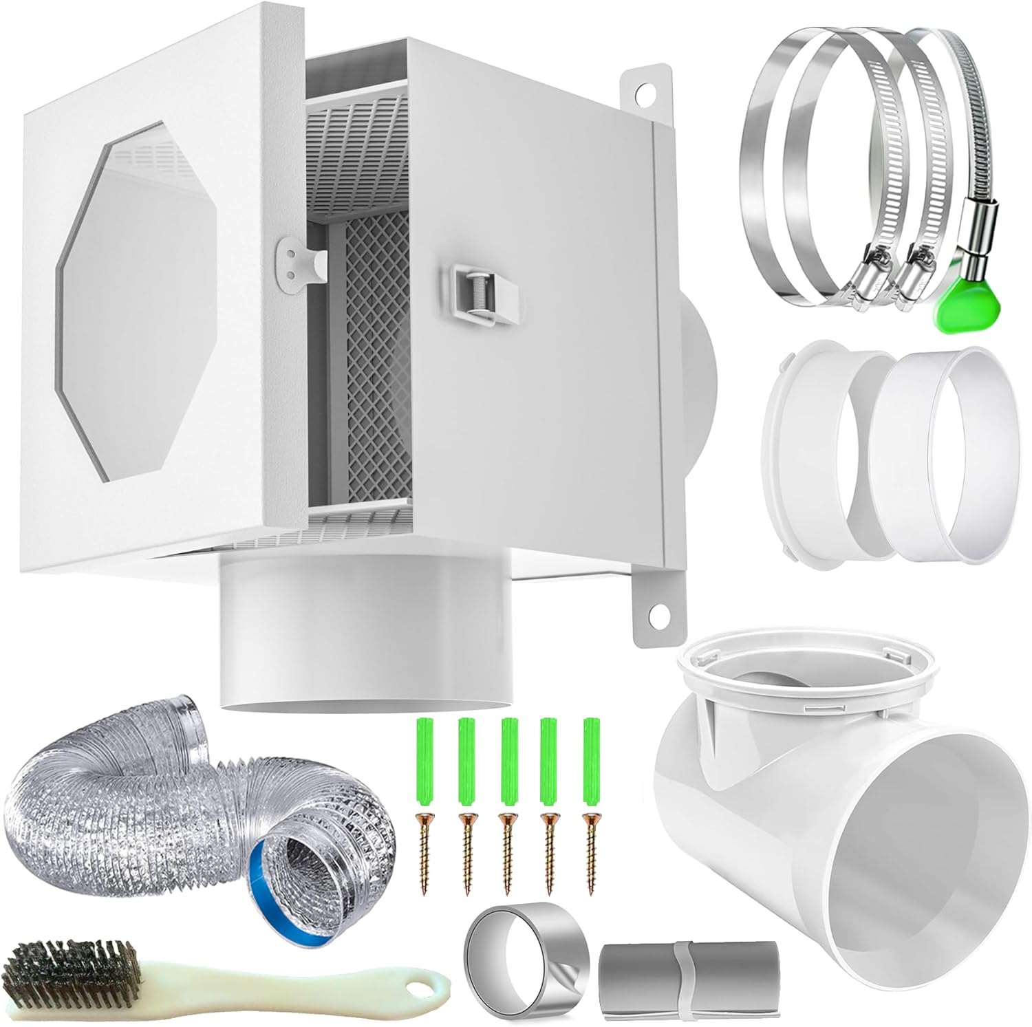 Dryer Lint Trap, Indoor Dryer Vent Kit with Lint Catcher, Metal Dryer Duct Lint Trap with 90° Degree Dryer Vent Elbow, Easy Clean Filter, Transparent Door & Clamps Aluminum Foil Tape Cleaning Brush
