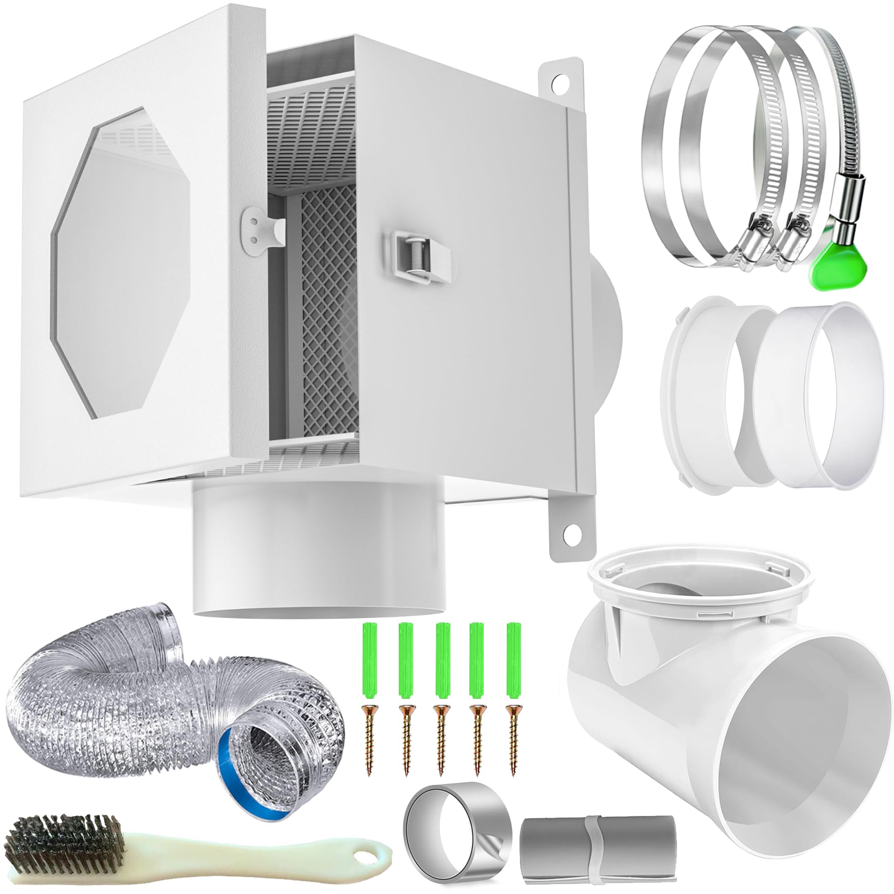 Photo 1 of Dryer Lint Trap, Indoor Dryer Vent Kit with Lint Catcher, Metal Dryer Duct Lint Trap with 90° Degree Dryer Vent Elbow, Easy Clean Filter, Transparent Door & Clamps Aluminum Foil Tape Cleaning Brush