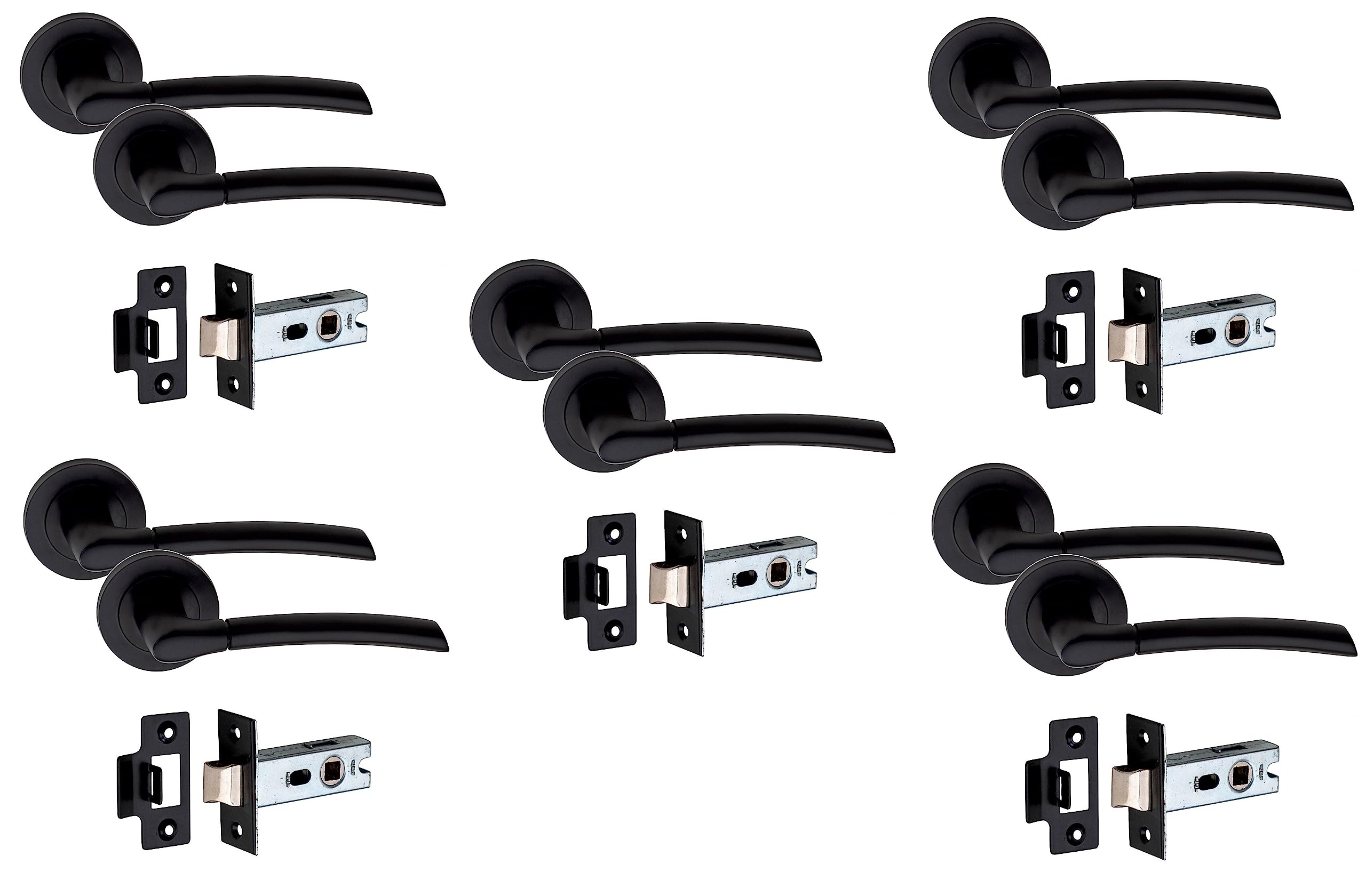 Golden Grace Matt Black Finish Indiana Design Door Handles On Round Rose In With 2.5" Tubular Latch, 5 Pairs - 52Mm Diameter