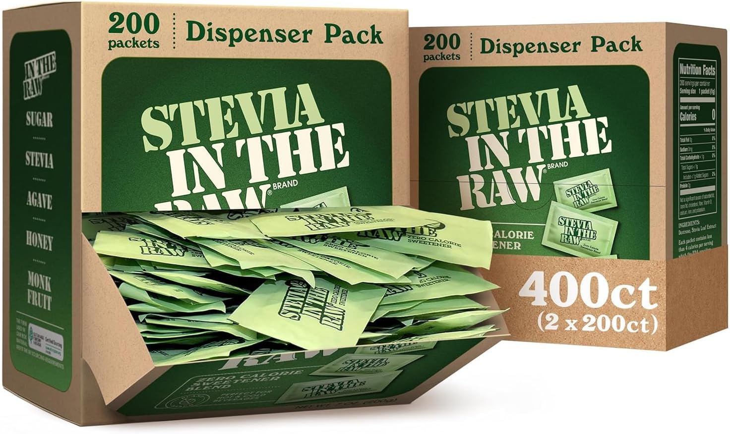 Stevia In The Raw, Plant Based Zero Calorie Sweetener, No Erythritol, Sugar Substitute for Coffee, Hot & Cold Drinks, Suitable For Diabetics, Vegan, Gluten-Free, 200 Count Packets (Pack of 2)