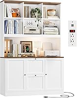 HIFIT 72" White Tall Bookcase with Power Outlet, Printer Stand, 2-Drawer A4 File Cabinet & Adjustable Shelves for Home Office