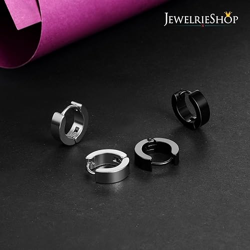 Miniatura 6 de JewelrieShop Juego de joyas para hombre, aretes colgantes con bisagras, acero inoxidable, hipoalergénicos, aretes de aro urbanos