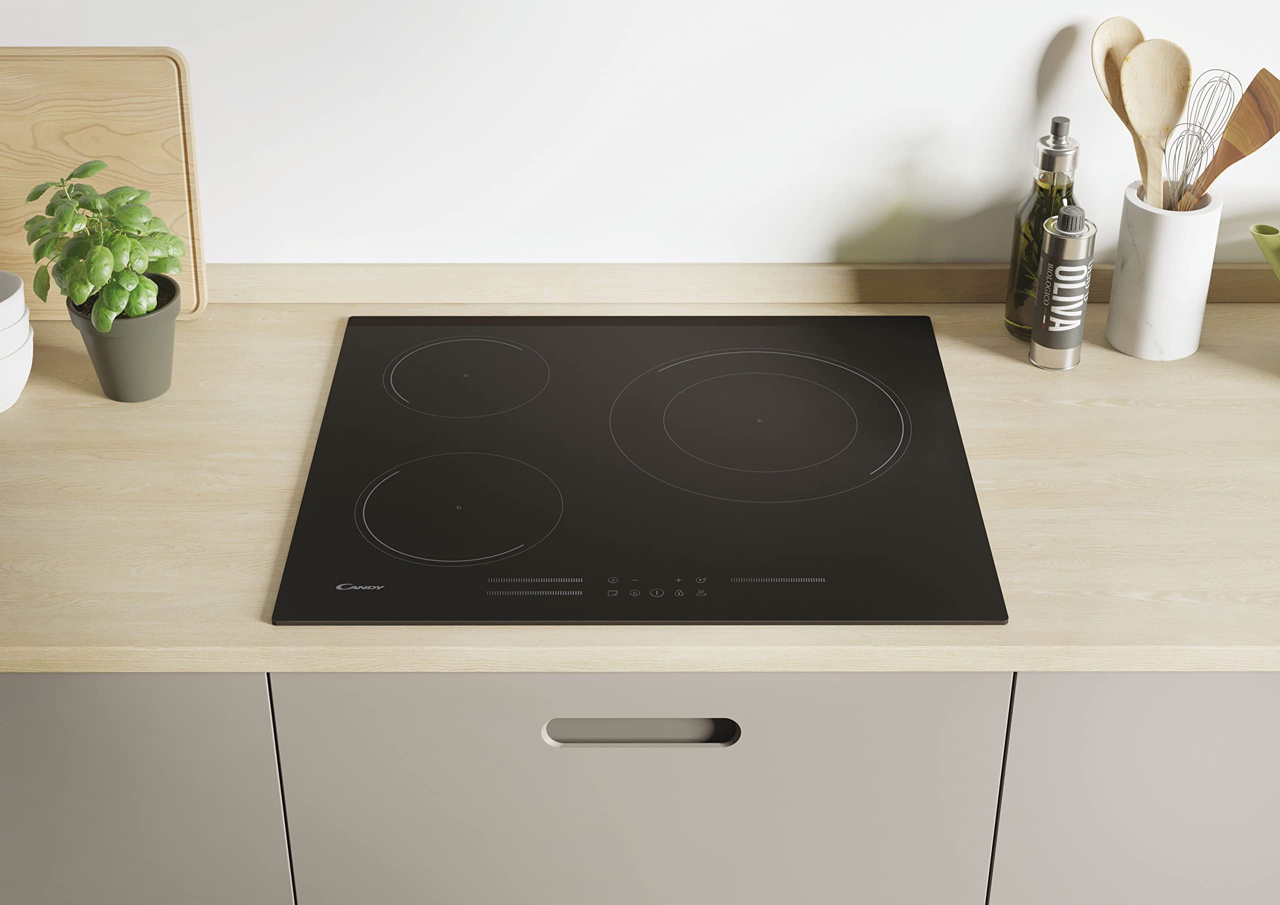 Candy Moderna CIDD633C Plaque à induction, 3 zones, 60 cm, 9 niveaux de puissance et booster, 7,2 kW, commandes coulissantes, indicateur de chaleur, verrouillage de sécurité, alerte surchauffe et