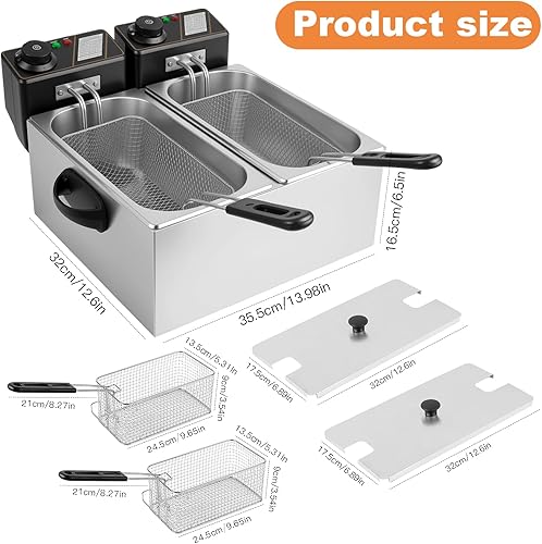 Miniatura 6 de Freidora eléctrica de doble tanque, freidora comercial de encimera de 2000 W, 2 tanques de acero inoxidable de 4.23 cuartos con cesta y drenaje,