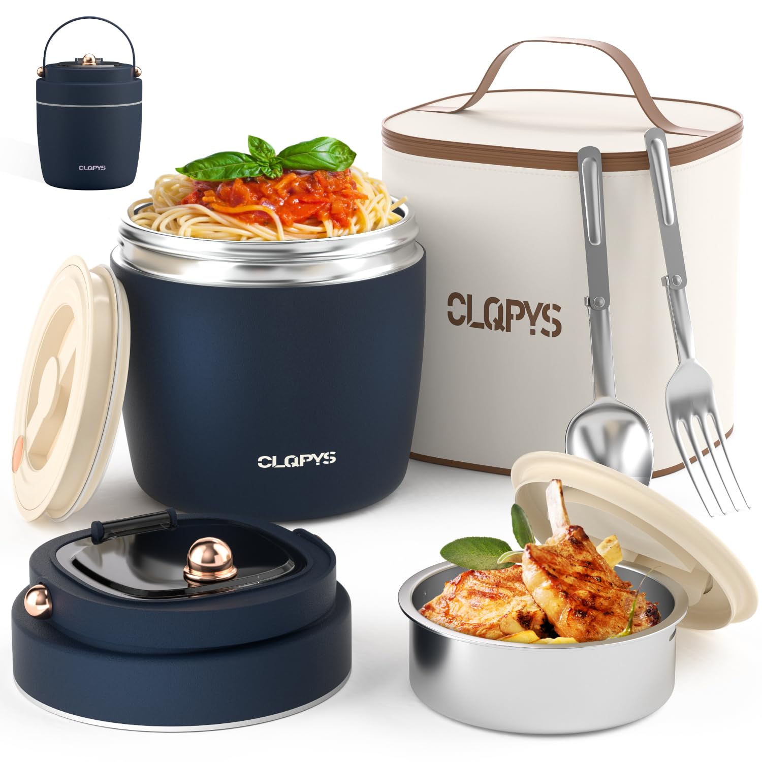 Photo 1 of 40oz Stainless Steel Vacuum Insulated Food Jar for Adults Wide Mouth Lunch Container with Spoon Fork and Carrying Bag Leak-Proof Soup Thermo Bento Box for Hot Food and Cold Food | Office, Travel Blue