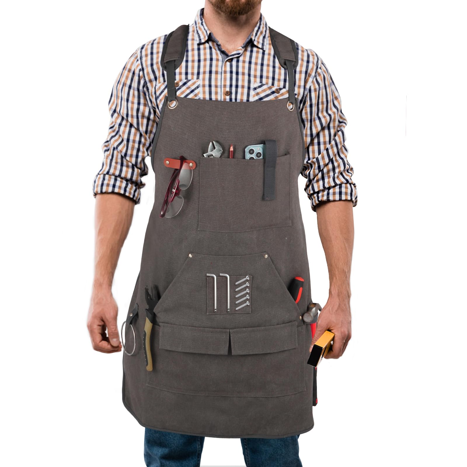 Unisex Woodworking Work Apron, 16oz Multi-Pocket Canvas Apron | Cross back heavy duty adjustable tool apron for woodworking, carpentry, gardening, kitchen, server, gift for men, comfy fit