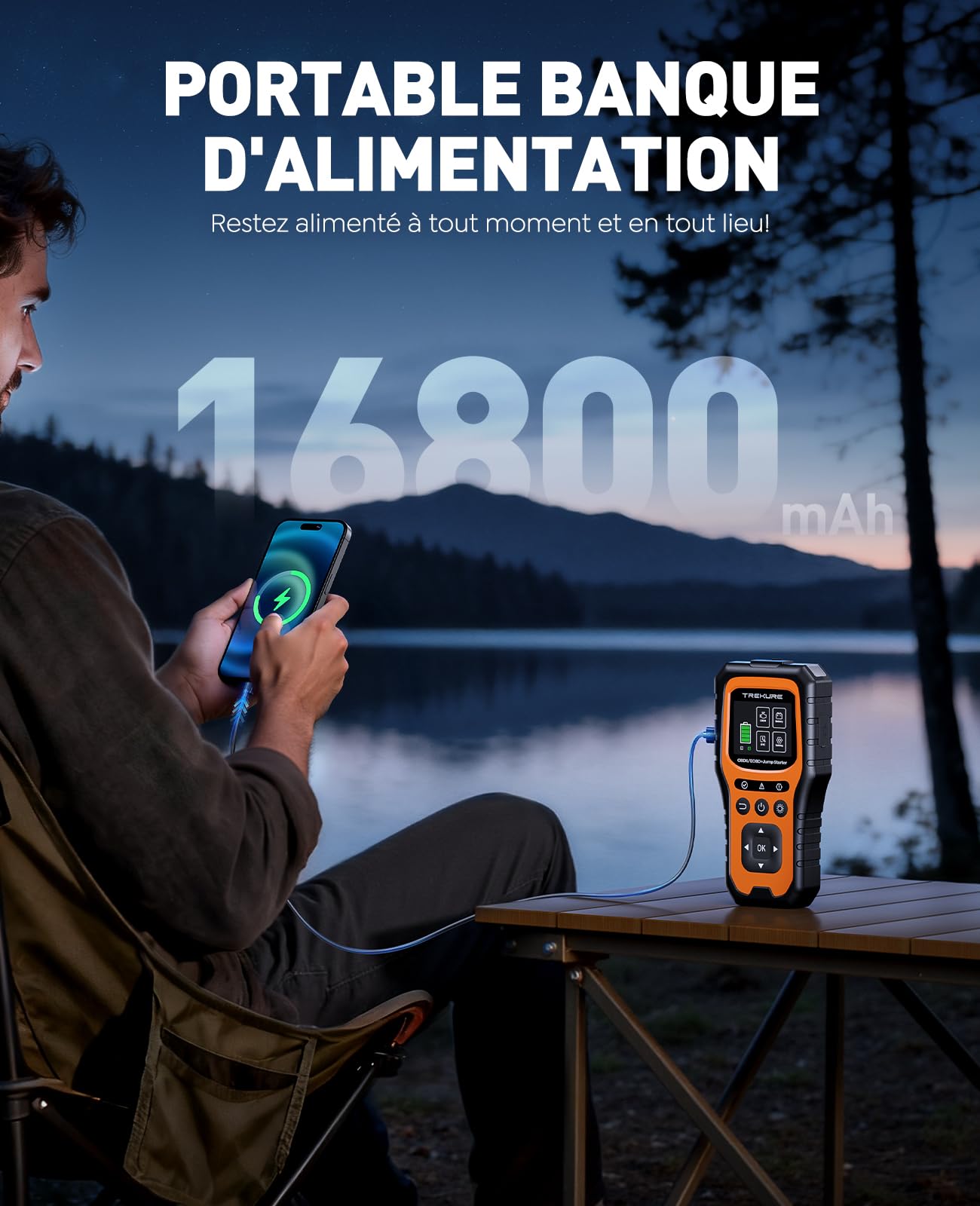 Booster Batterie Voiture avec OBD2 Diagnostic, 7000A Démarreur Voiture(Tous Gaz ou 10.0L Diesel), OBD Diagnostique Français avec Tests de Tension, Booster avec Diagnostic OBDII, Écran, Pince, LED