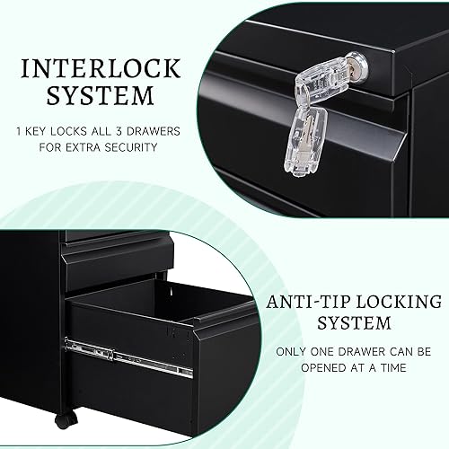 Miniatura 6 de Letaya Archivador móvil con cerradura, debajo del escritorio, con 3 cajones para oficina en casa, cartalegalA4F4 (negro, desinstalado)
