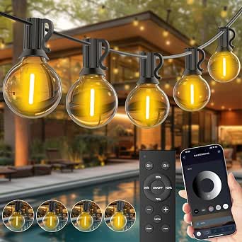 Gluroo Outdoor String Lights 100FT, Smart App & Remote Control Dimmable Patio Lights with Timer, Plug-in LED String Lights 2700K Warm White for Outdoors