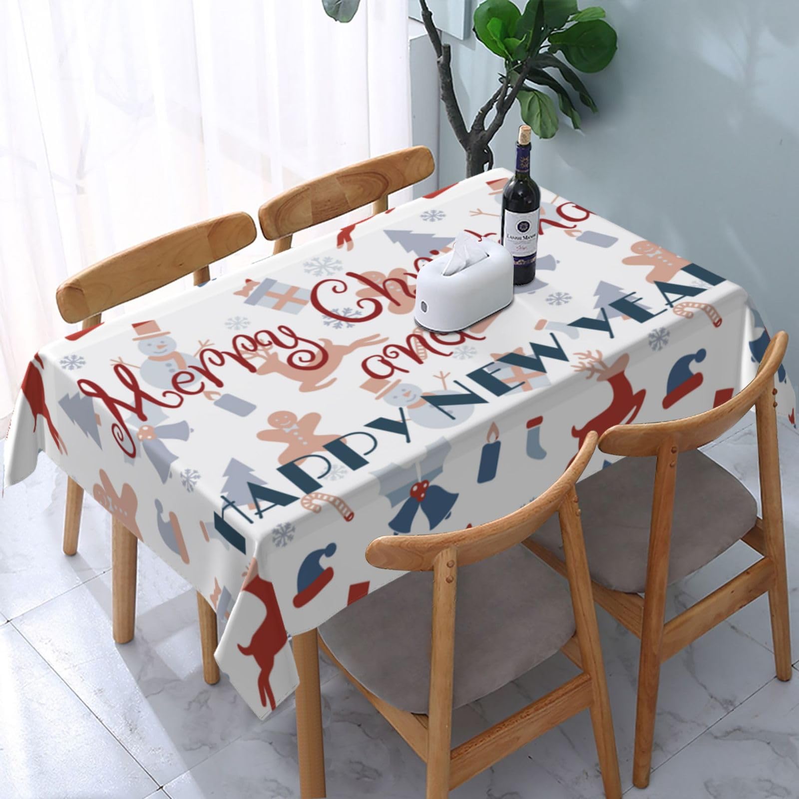 JunHeArt Merry Christmas Cute Santa Pattern Tablecloth Rectangle Table Cover Washable Table Cloths Decor For Kitchen 54" X 72"