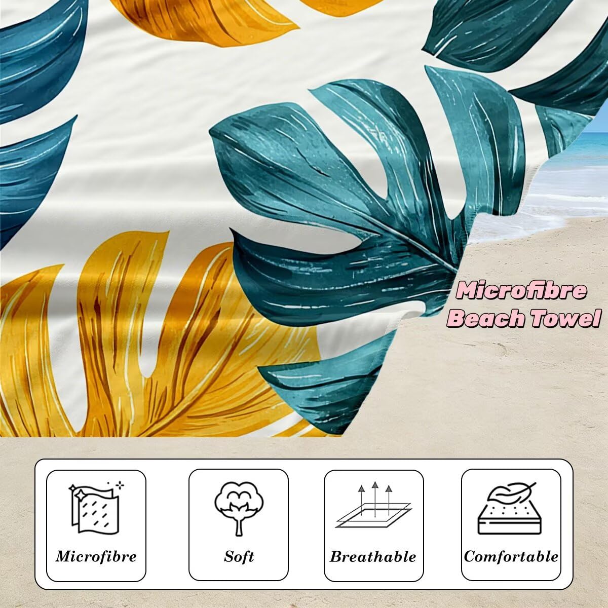 Juego de 2 Toalla Playa Grande 80x160 cm, Secado Rapido Toalla Microfibra Gimnasio, Antiarena Toallas de Playa Hoja, Grande Ligera Compacta Toallas Microfibra Mujer Hombre para Viaje Piscina -4970