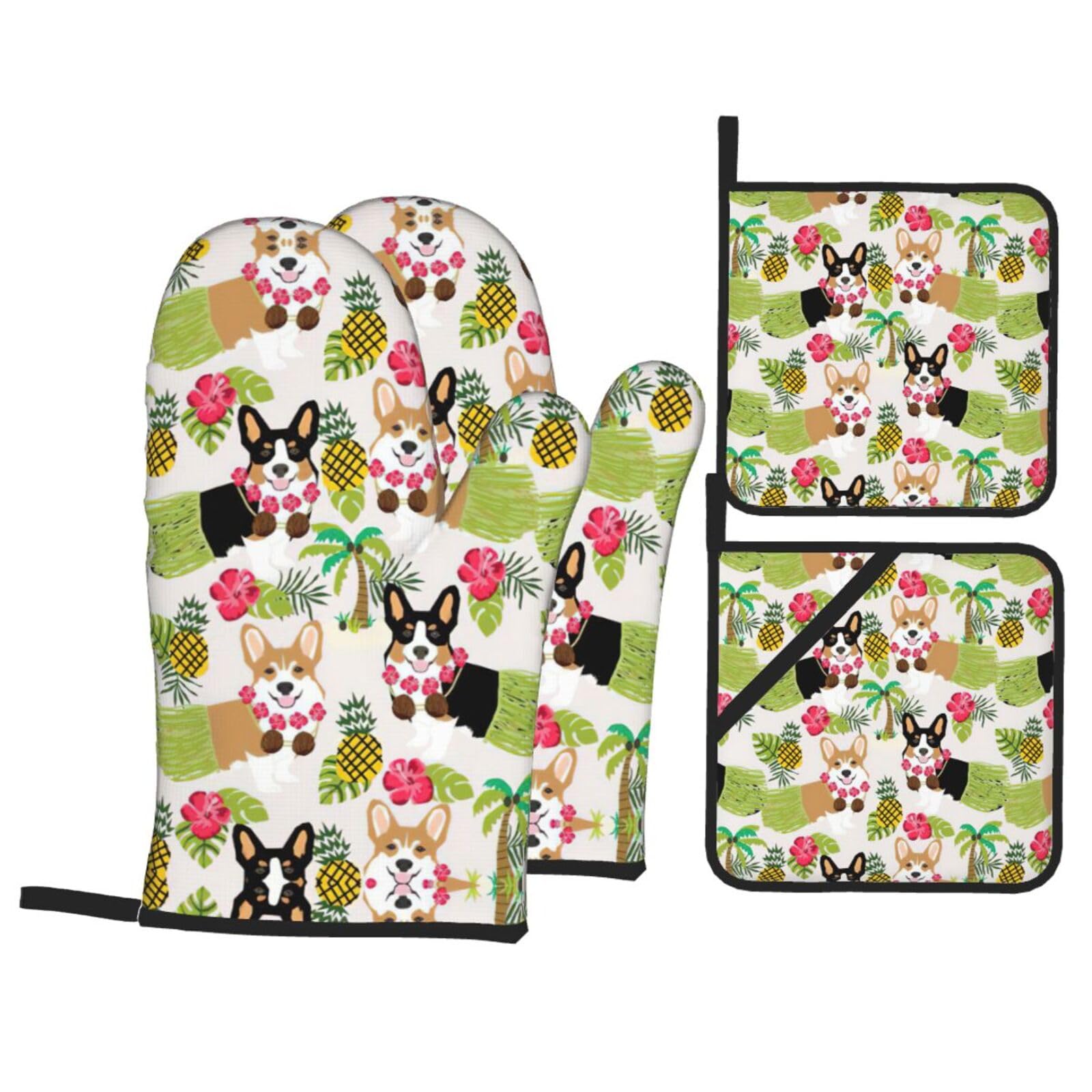 Corgi Hawaiian Tropical Summer Pineapple Print Oven Microwaving Waterproof Kitchen Gloves for Baking Grilling Holiday Cooking