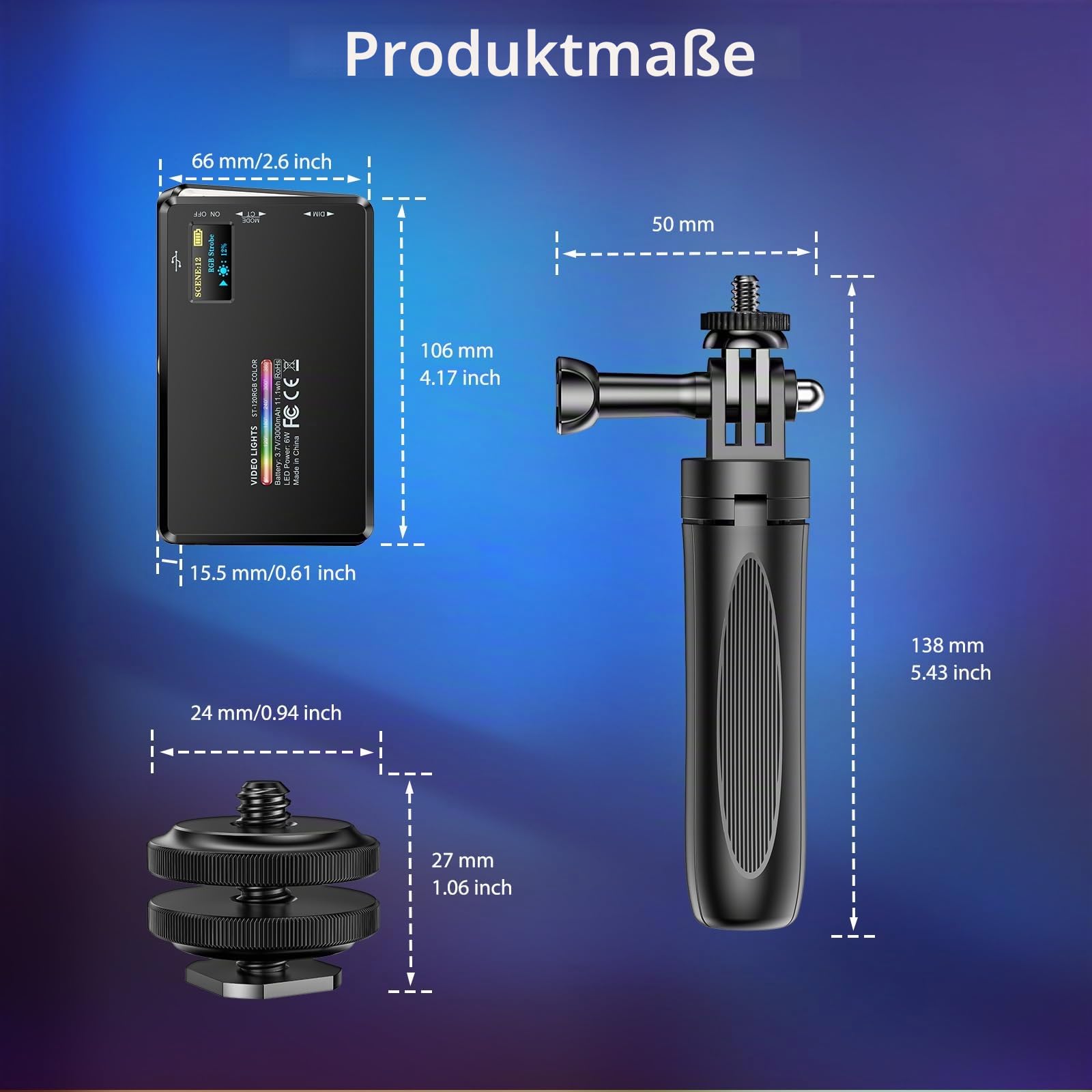 RGB LED Videoleuchte, Tragbares Selfie Licht mit 2500K–9000K, HUE 0–359°, 20 Lichteffekten, CRI 95+, Mini Fotolicht mit Clip & Tischstativ für Handy/Kamera/Laptop