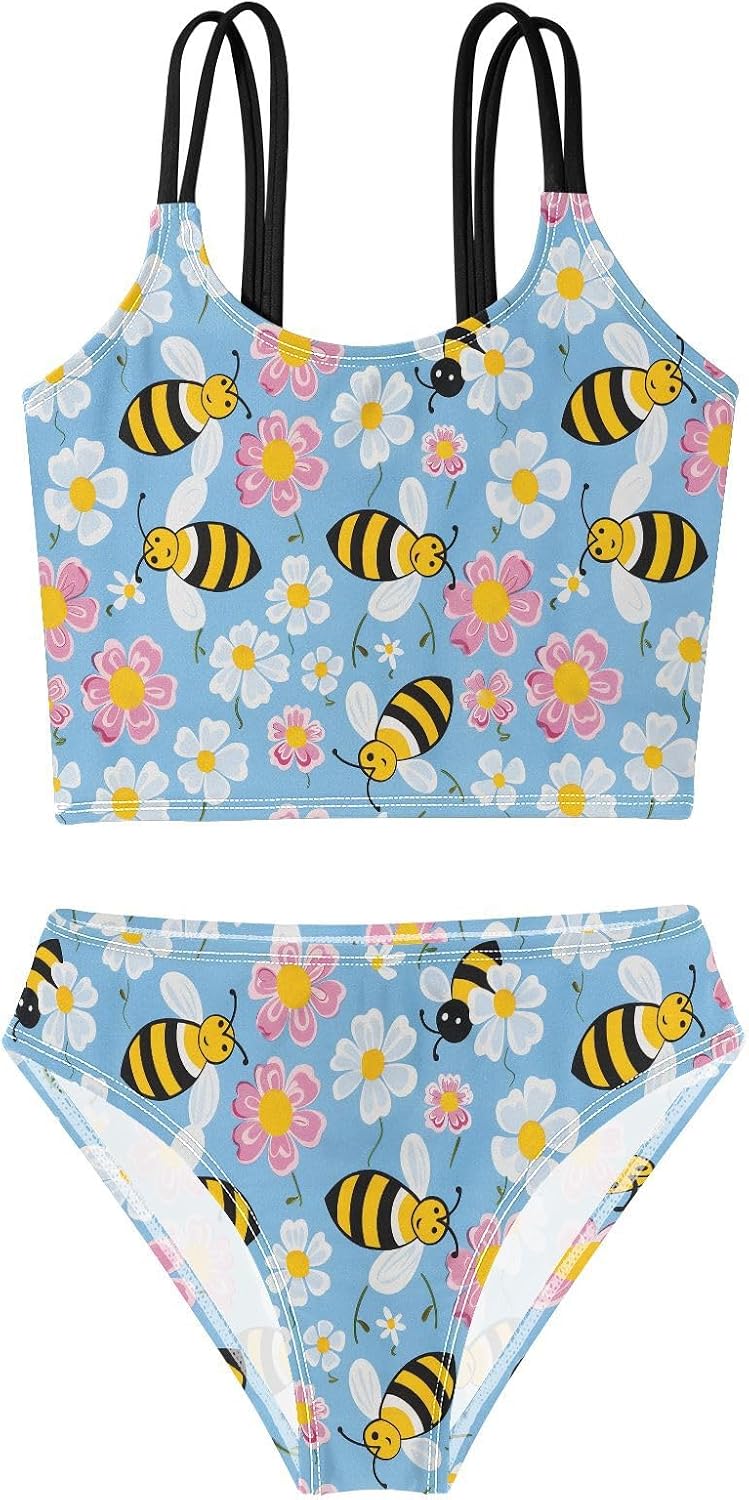 visesunny Girls Two Piece Swimsuits Blue Bee Floral Girl's Bikini Sets Bathing Suits for Girls Size 5-12Y